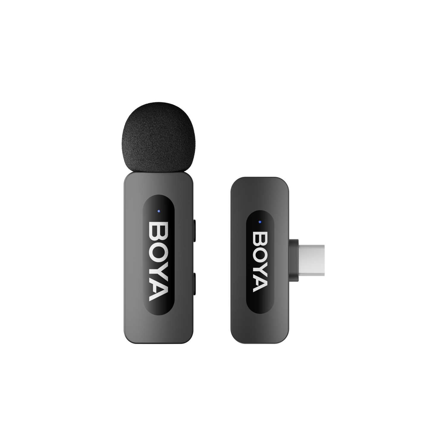 Twee grijze microfoons en een USB-C-ontvanger met een zwarte achtergrond.
