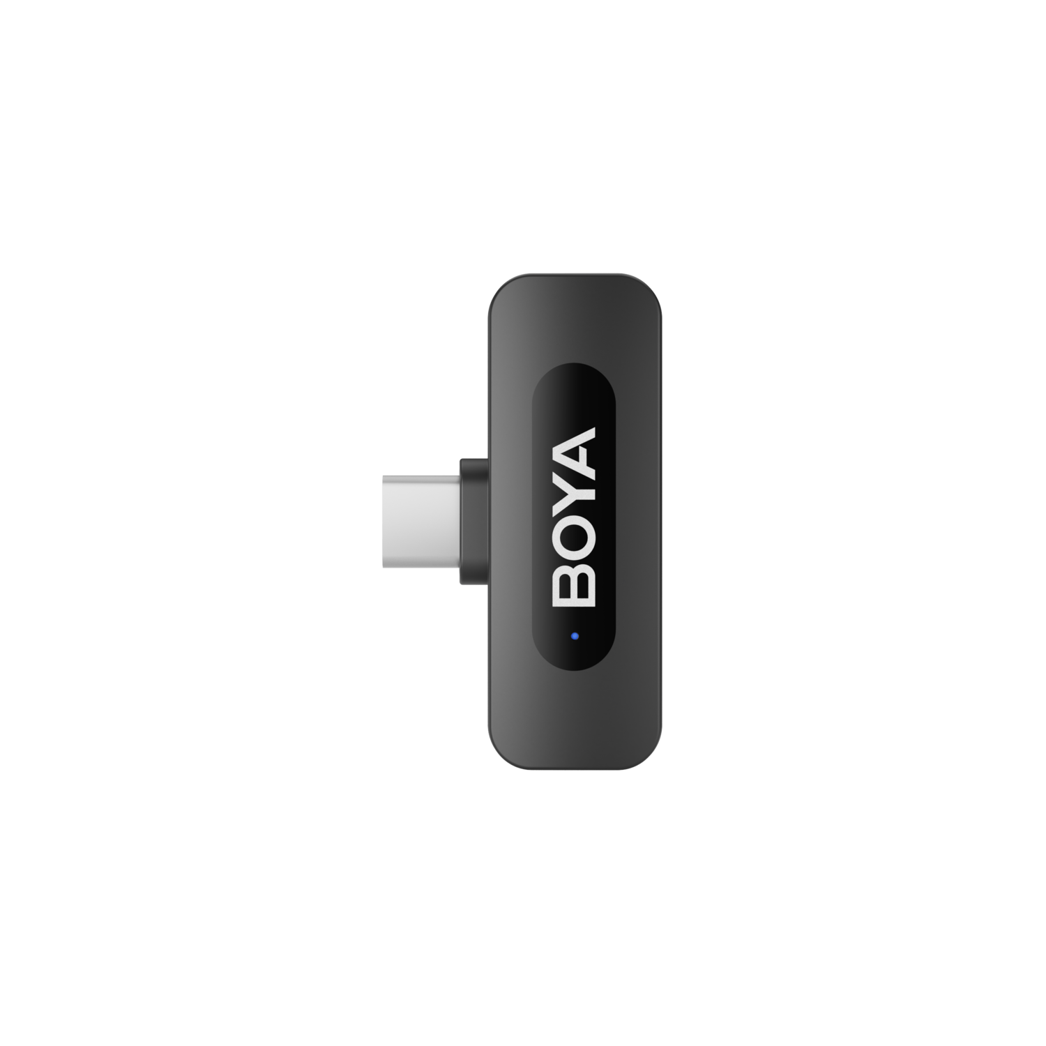 Zwarte Boya microfoon met een USB-C connector.