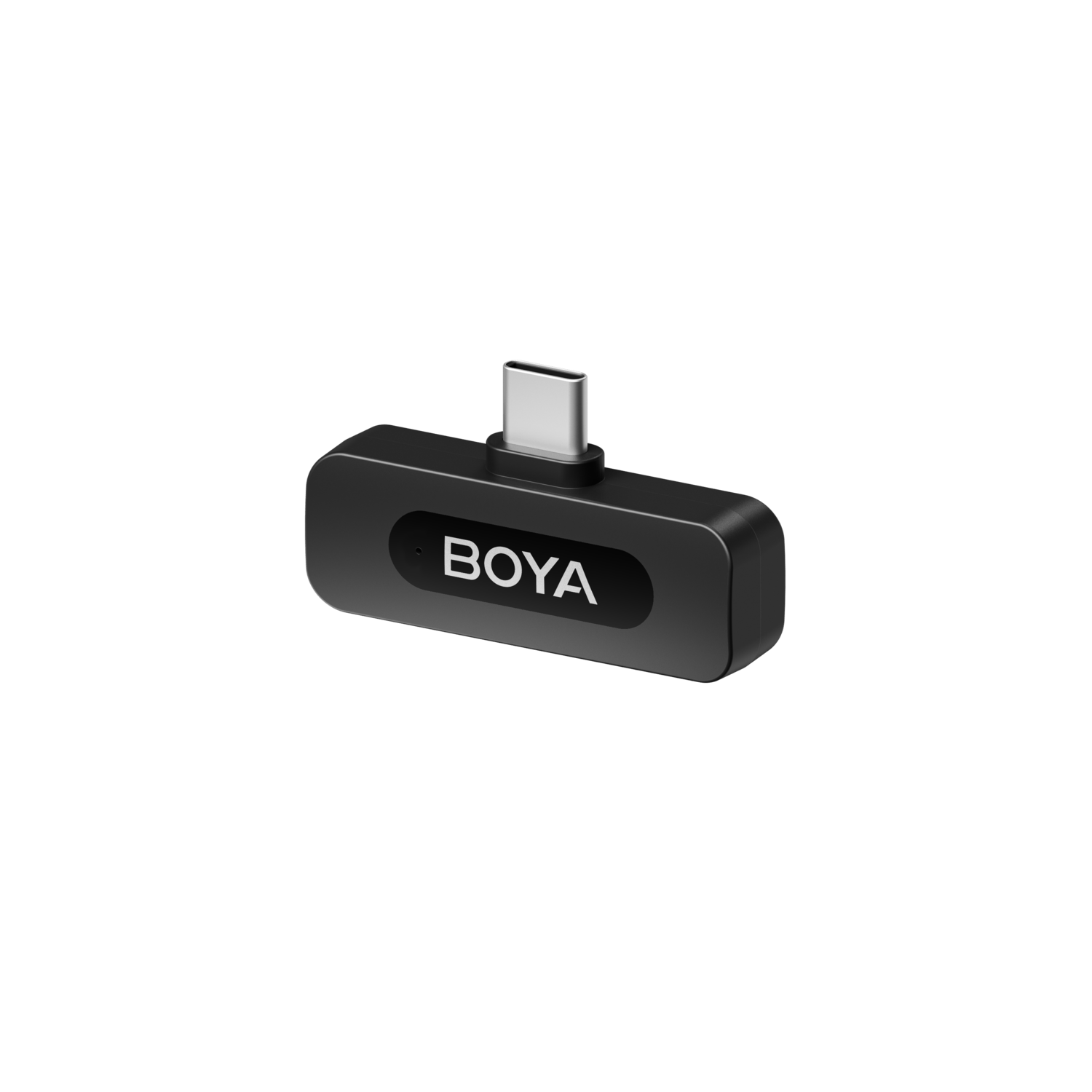 Een kleine zwarte BOYA USB-C microfoonadapter.