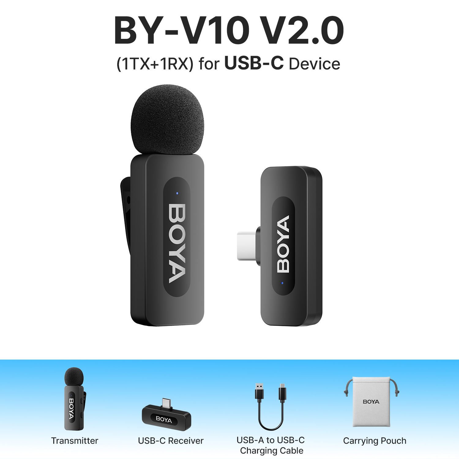 BY-V10 V2.0 microfoonset voor USB-C-apparaten. Bevat zender, ontvanger en accessoires.