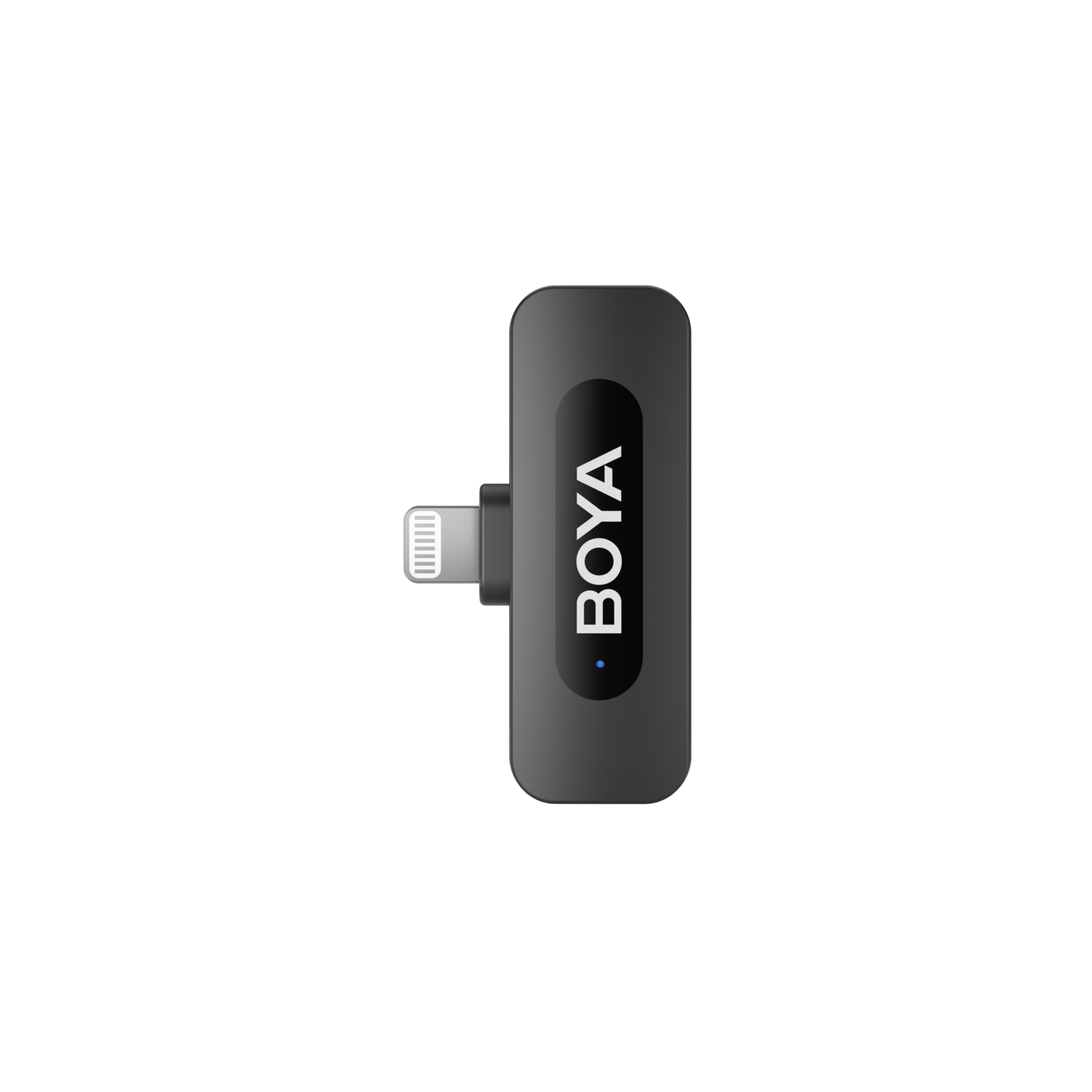 Een zwarte en grijze Boya microfoonadapter met een lightning-connector.