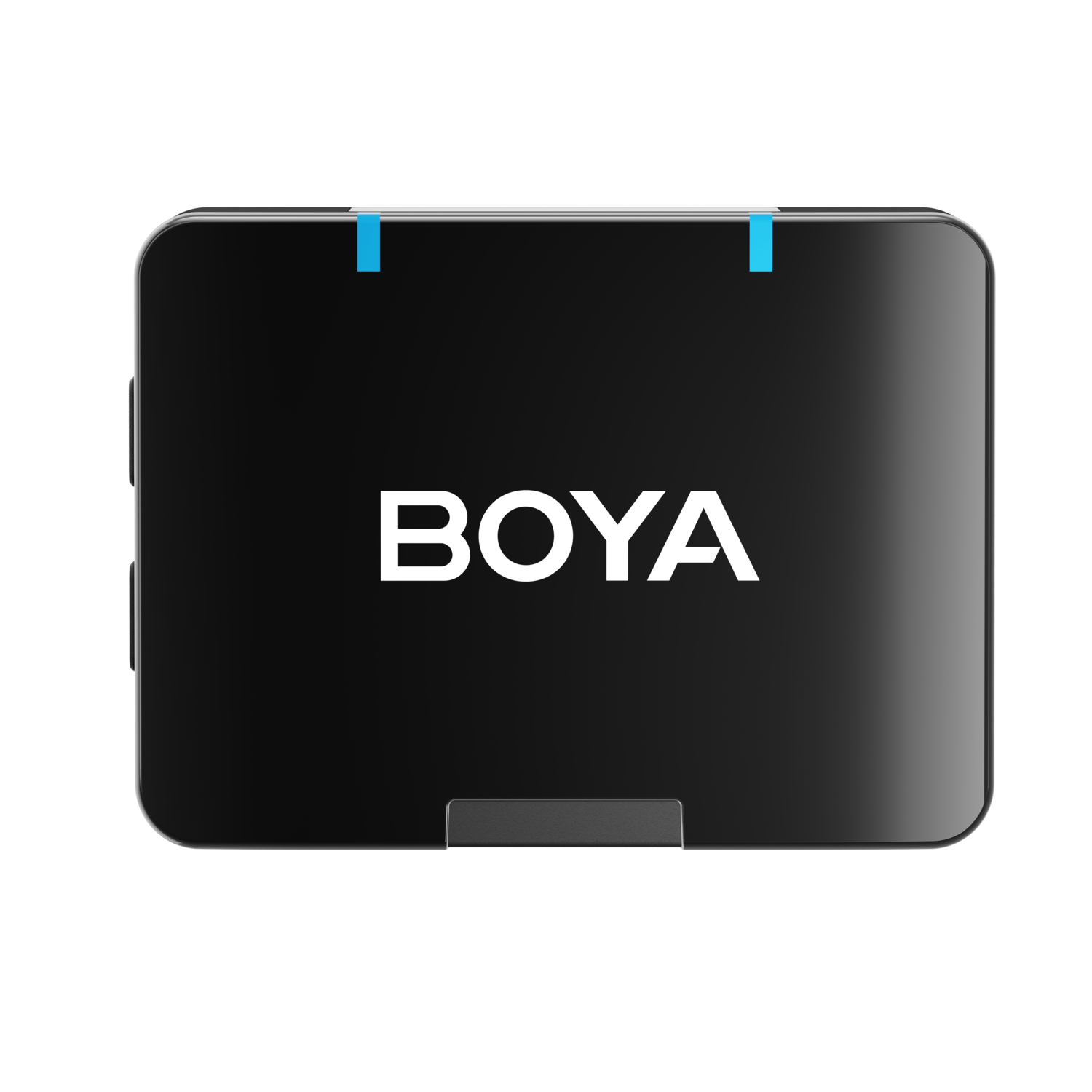 Zwarte audiorecorder met BOYA-logo. Twee blauwe strepen boven.