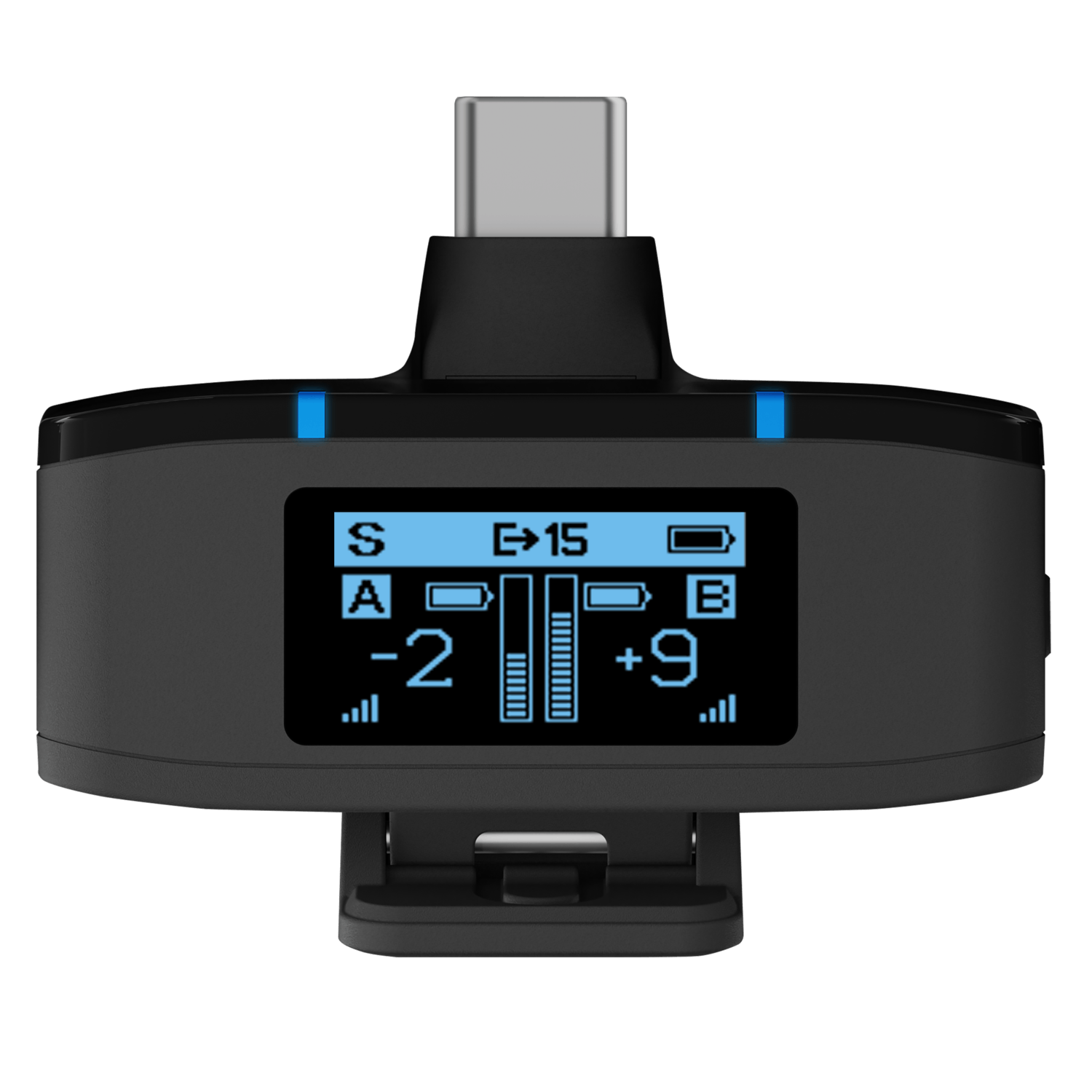 Een zwarte microfoonadapter met een USB-C connector en een display.