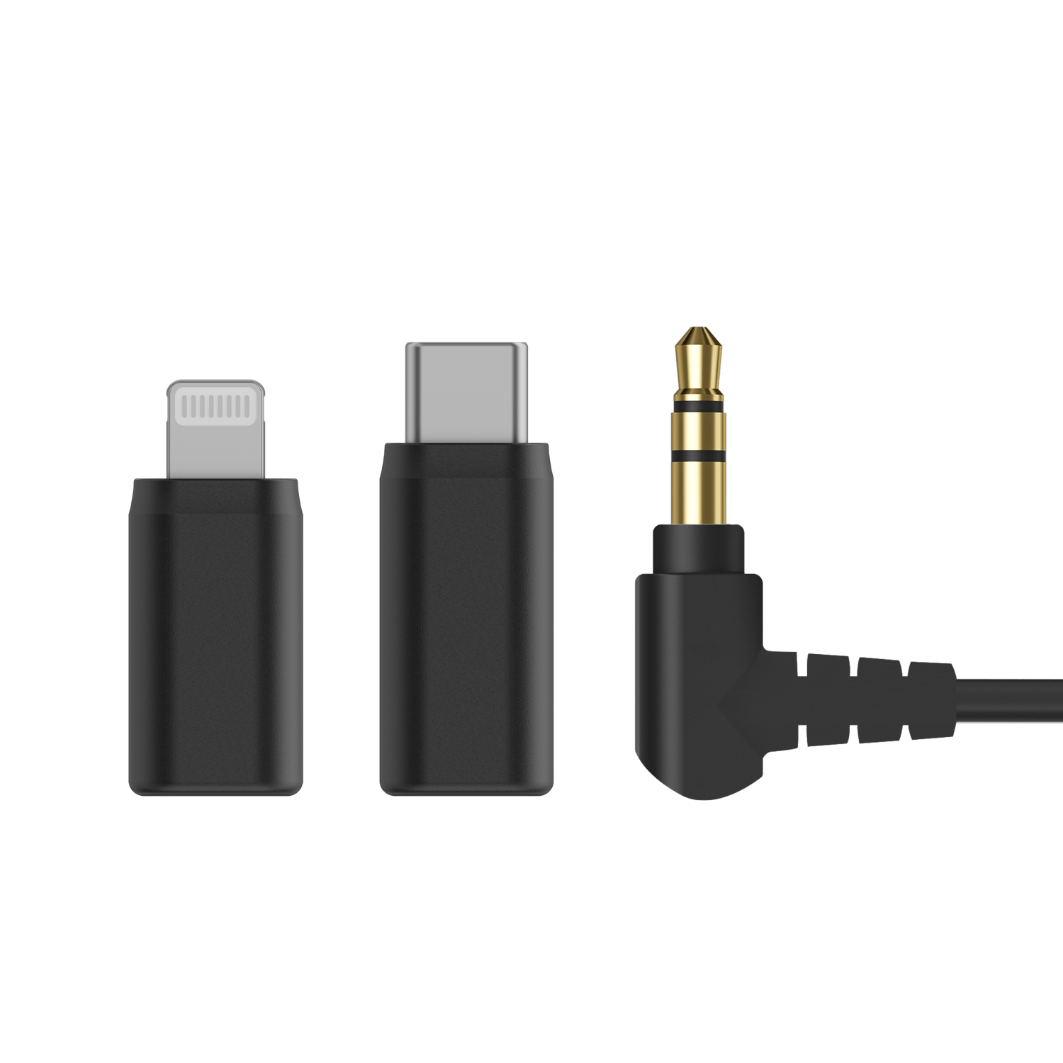 Set adapters en een kabel: lightning, USB-C en een haakse audio jack.