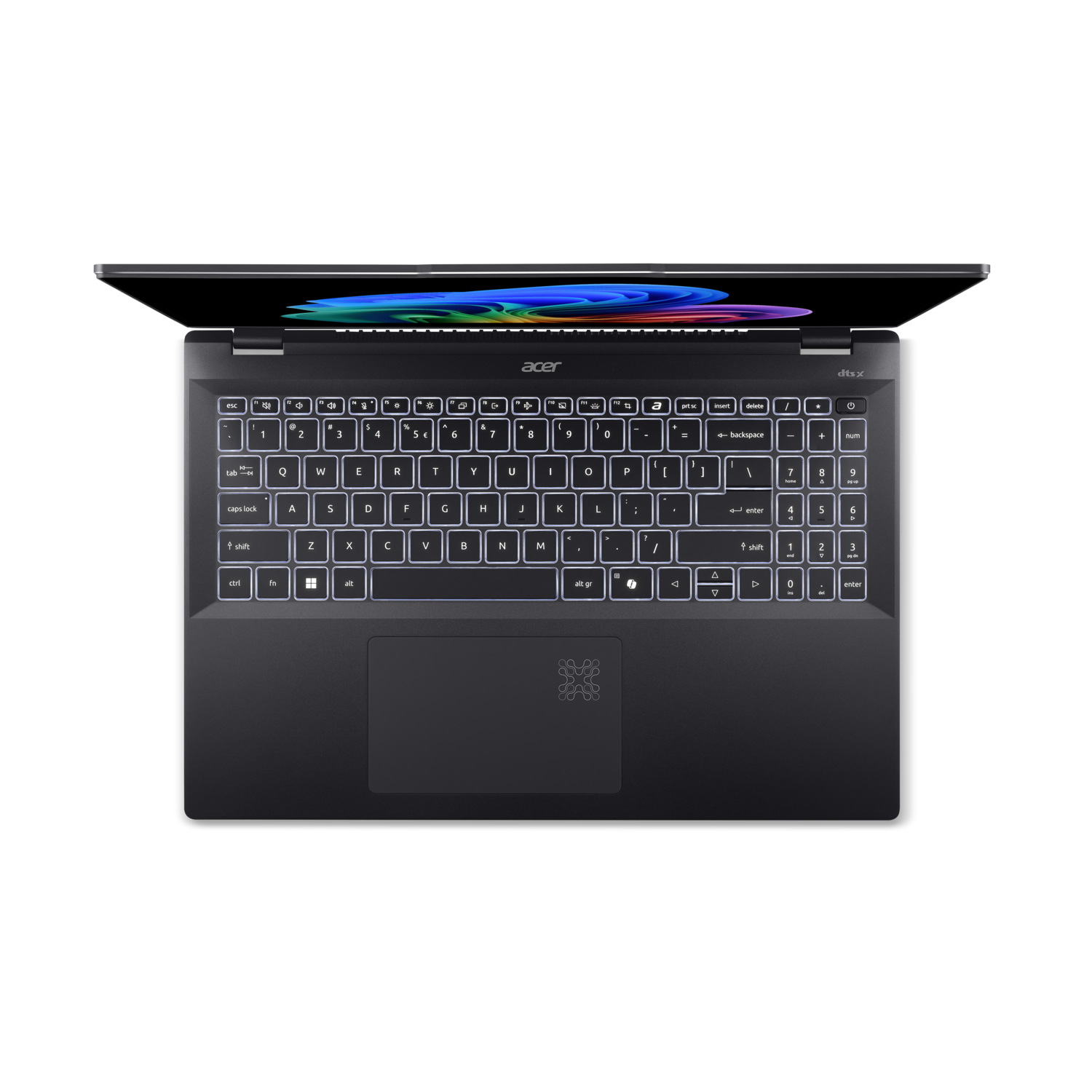 Top-down view of a black laptop, keyboard backlit. The screen displays colors.