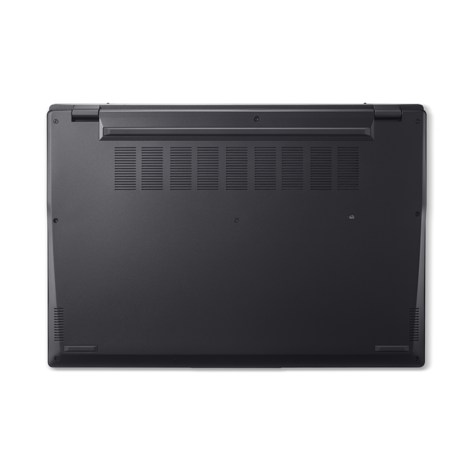 Underside of a dark grey laptop, vents and screws visible on black.