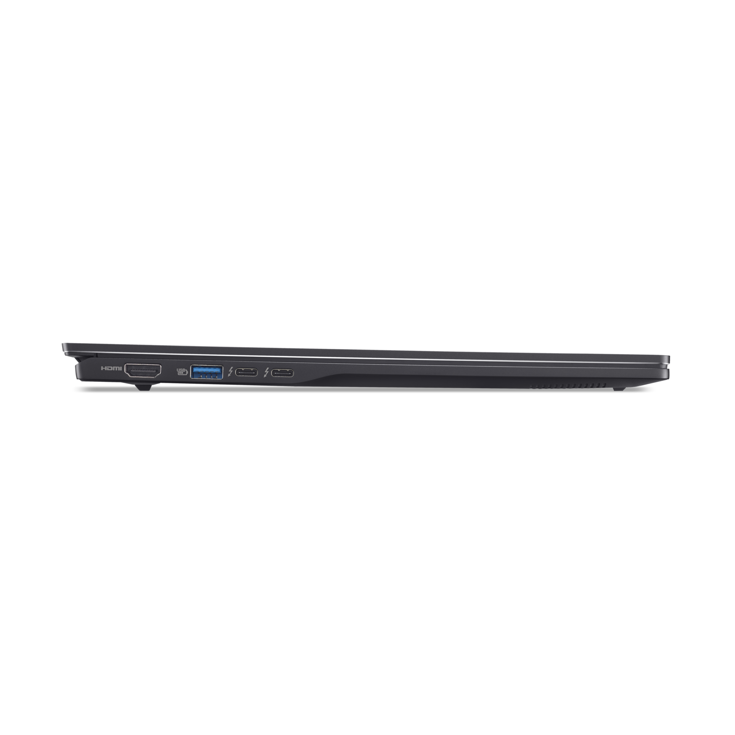 A side view of a black laptop showing ports, including HDMI and USB.