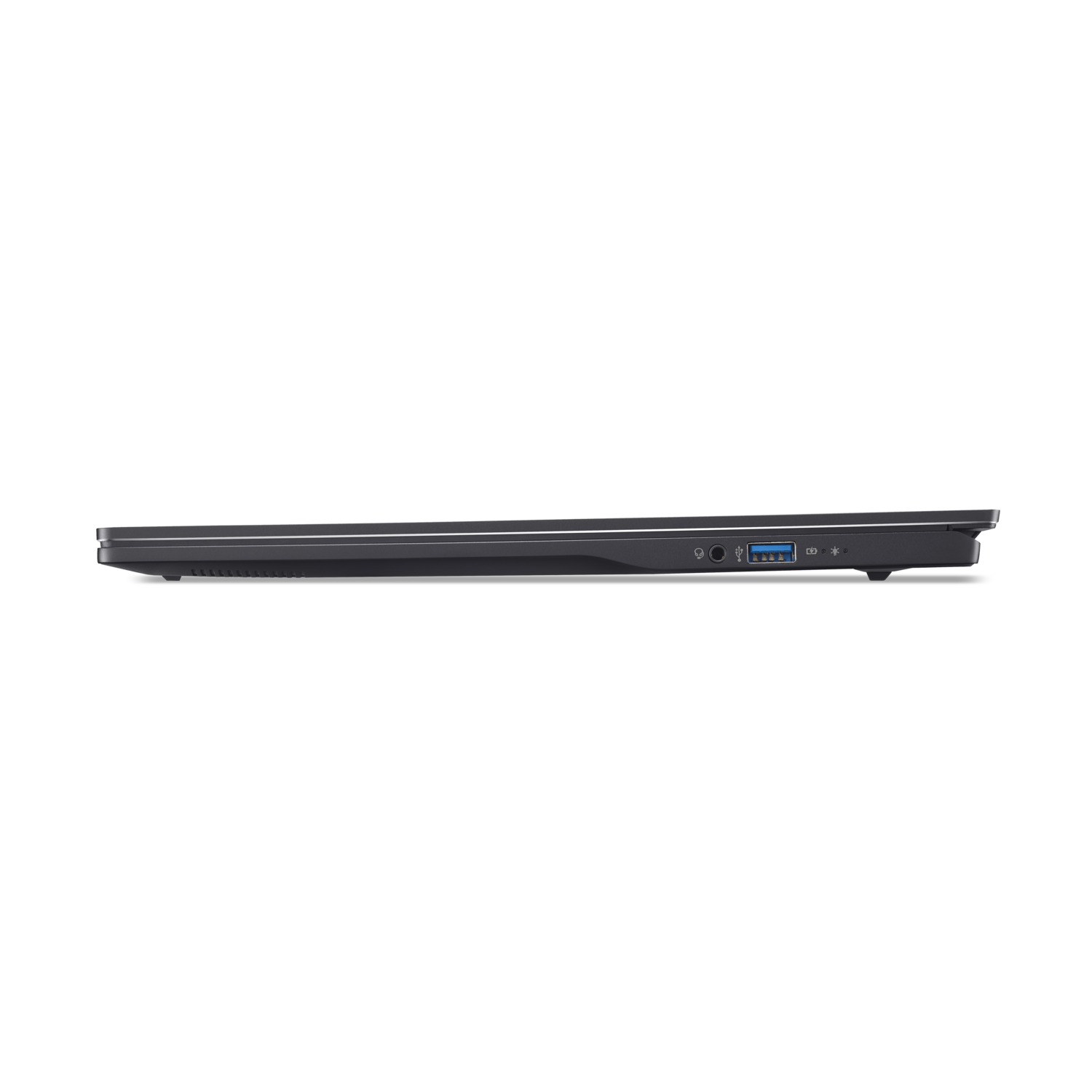 Side view of a black laptop with ports visible. The laptop is on a black background.