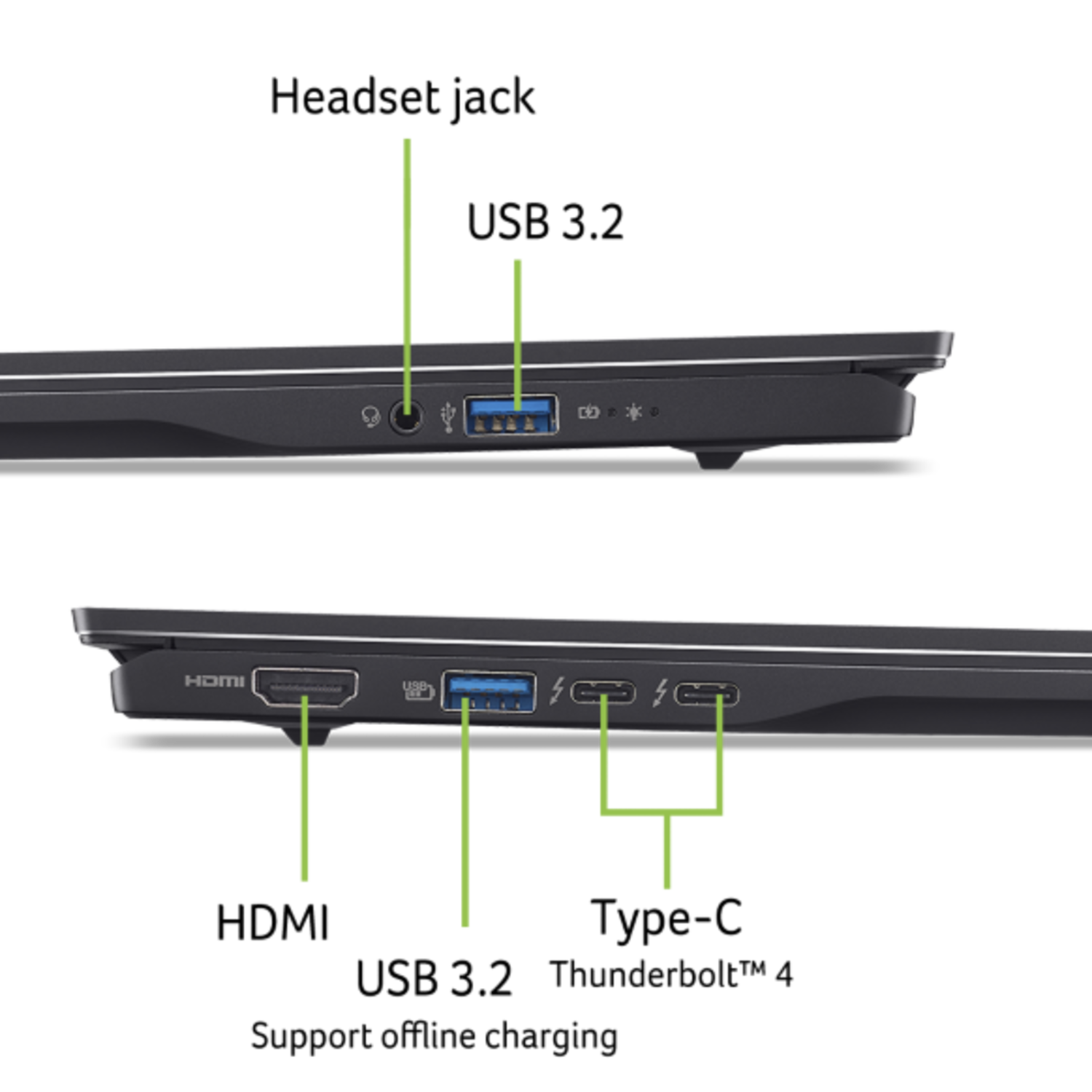A laptop side view. Ports include headphone jack, USB, HDMI, and USB-C. Labeled with green arrows.