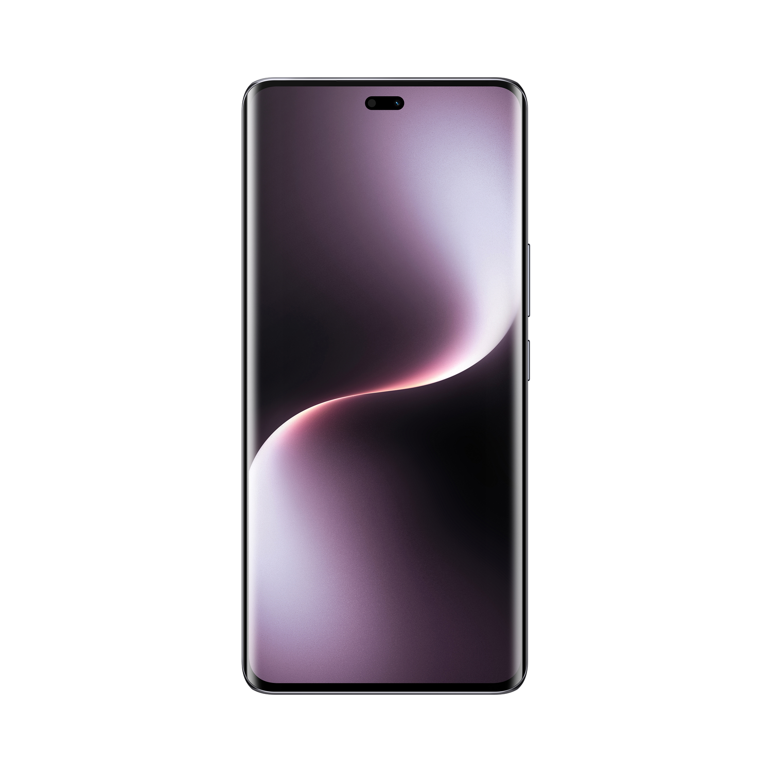 Modern smartphone with a curved screen, showing a blurred purple and white pattern.