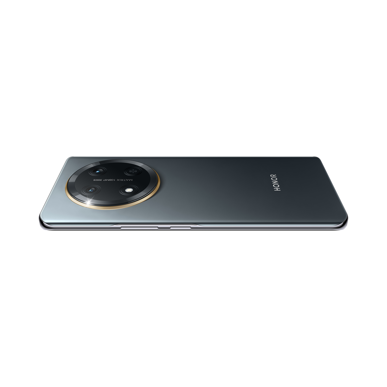 A dark green HONOR smartphone, back facing up. The camera array is prominent.