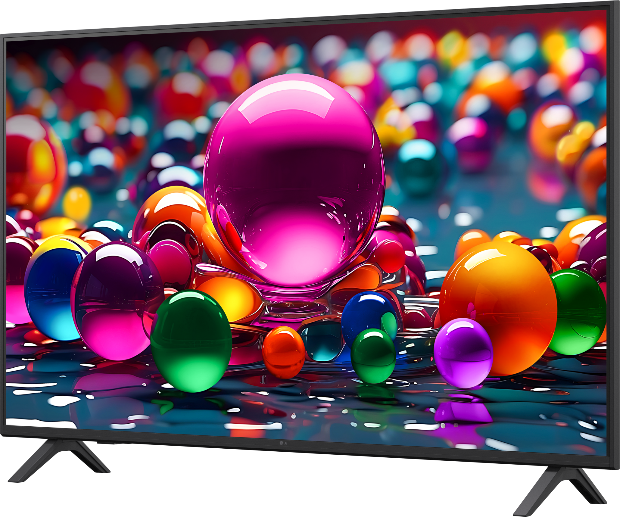 Egy LG TV, amely egy absztrakt, színes képet jelenít meg gömbökről.
