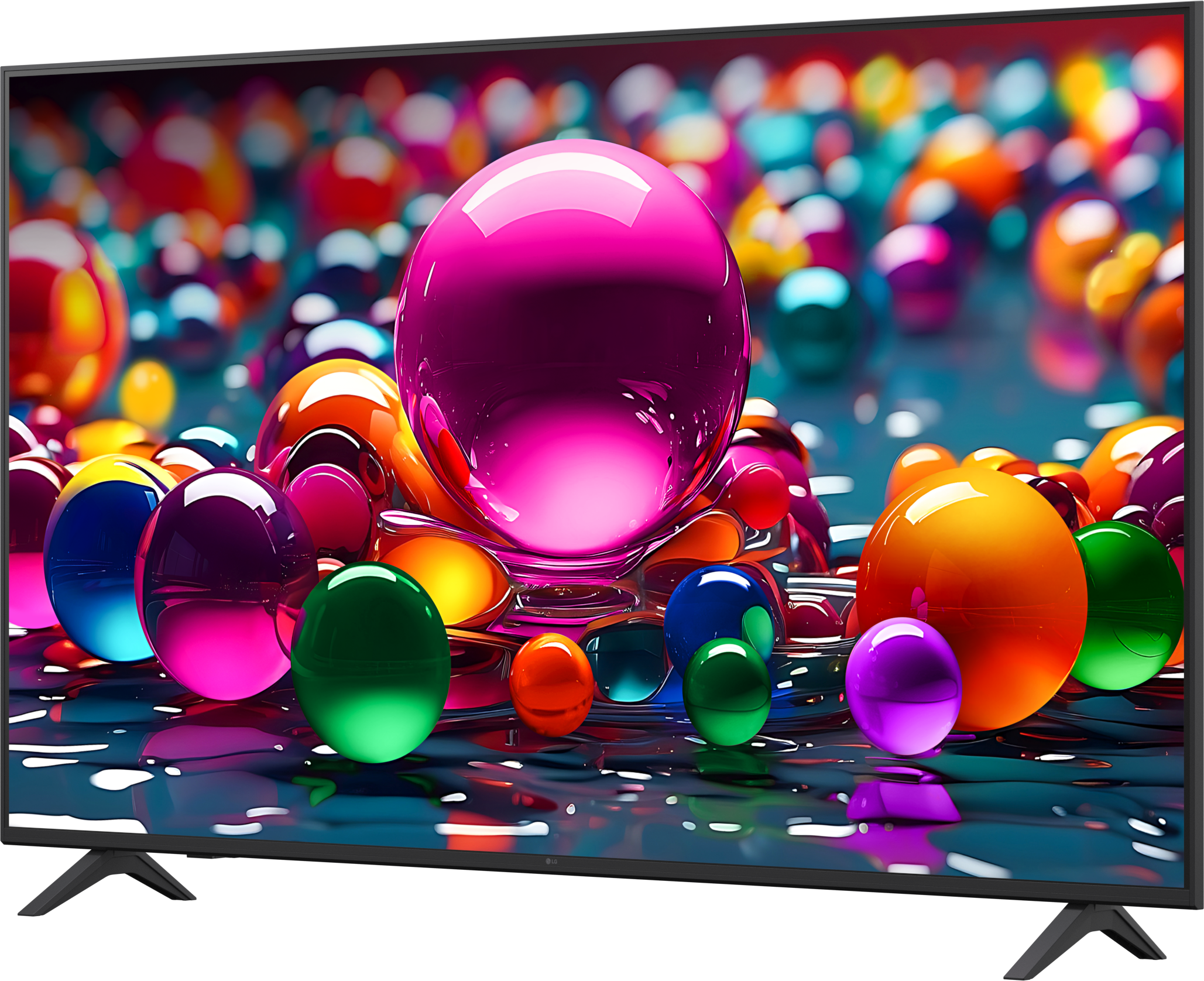 Ein Fernsehbildschirm zeigt bunte, glänzende Kugeln in verschiedenen Farben, angeordnet vor dunklem Hintergrund.