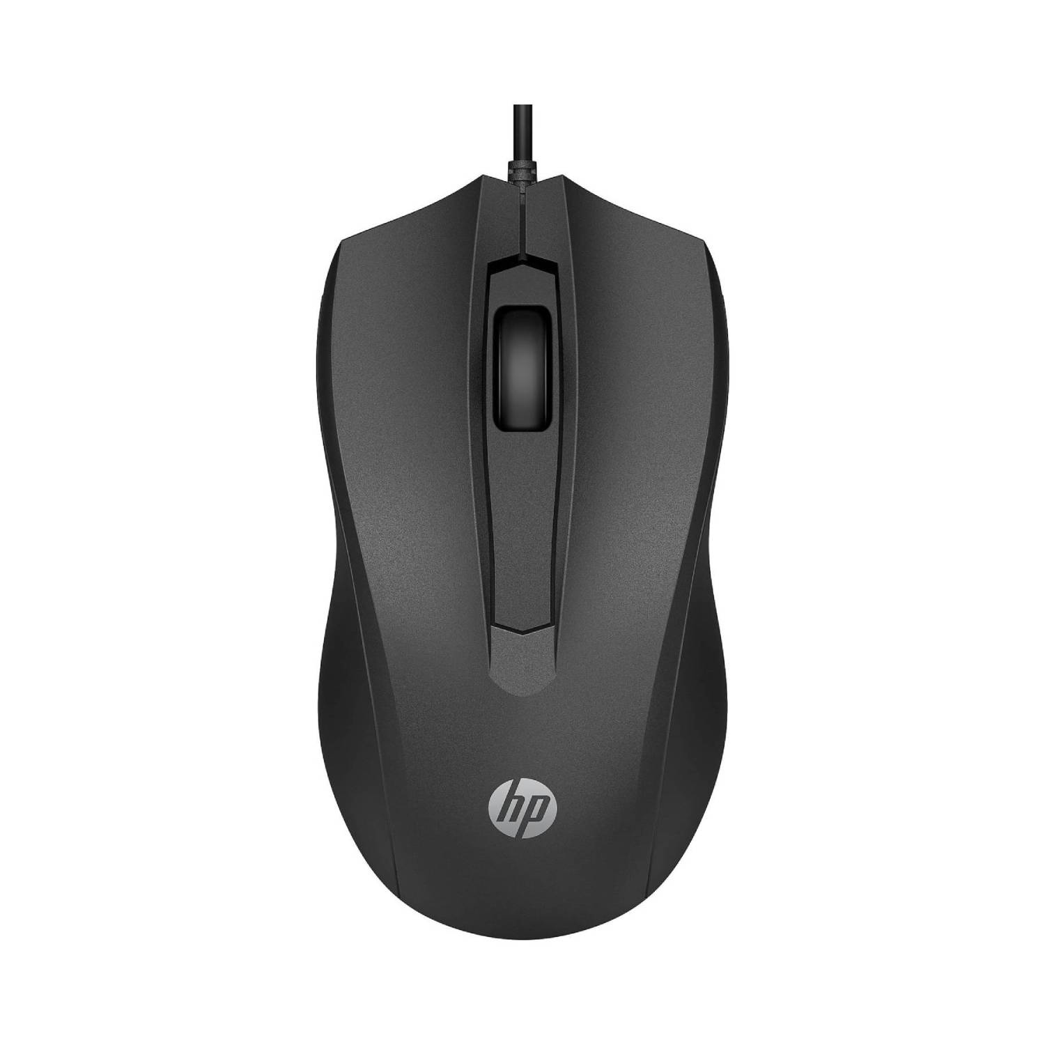 Souris HP noire avec une molette de défilement. Le logo HP est en bas.