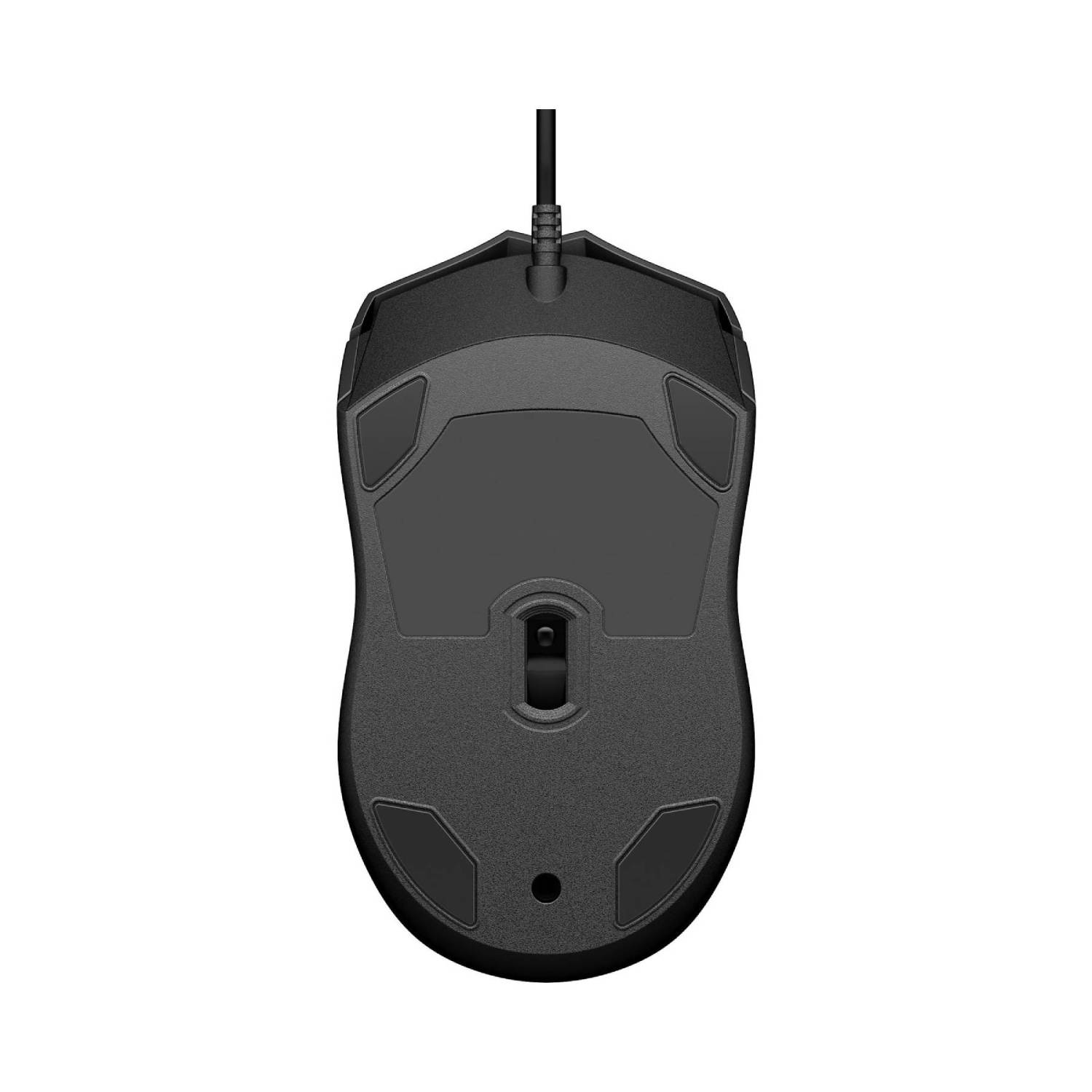 Souris d'ordinateur noire, vue de dessus, avec câble.