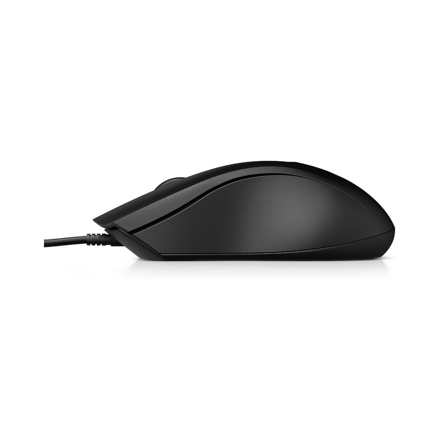 Souris d'ordinateur noire sur fond blanc, avec un cordon attaché.