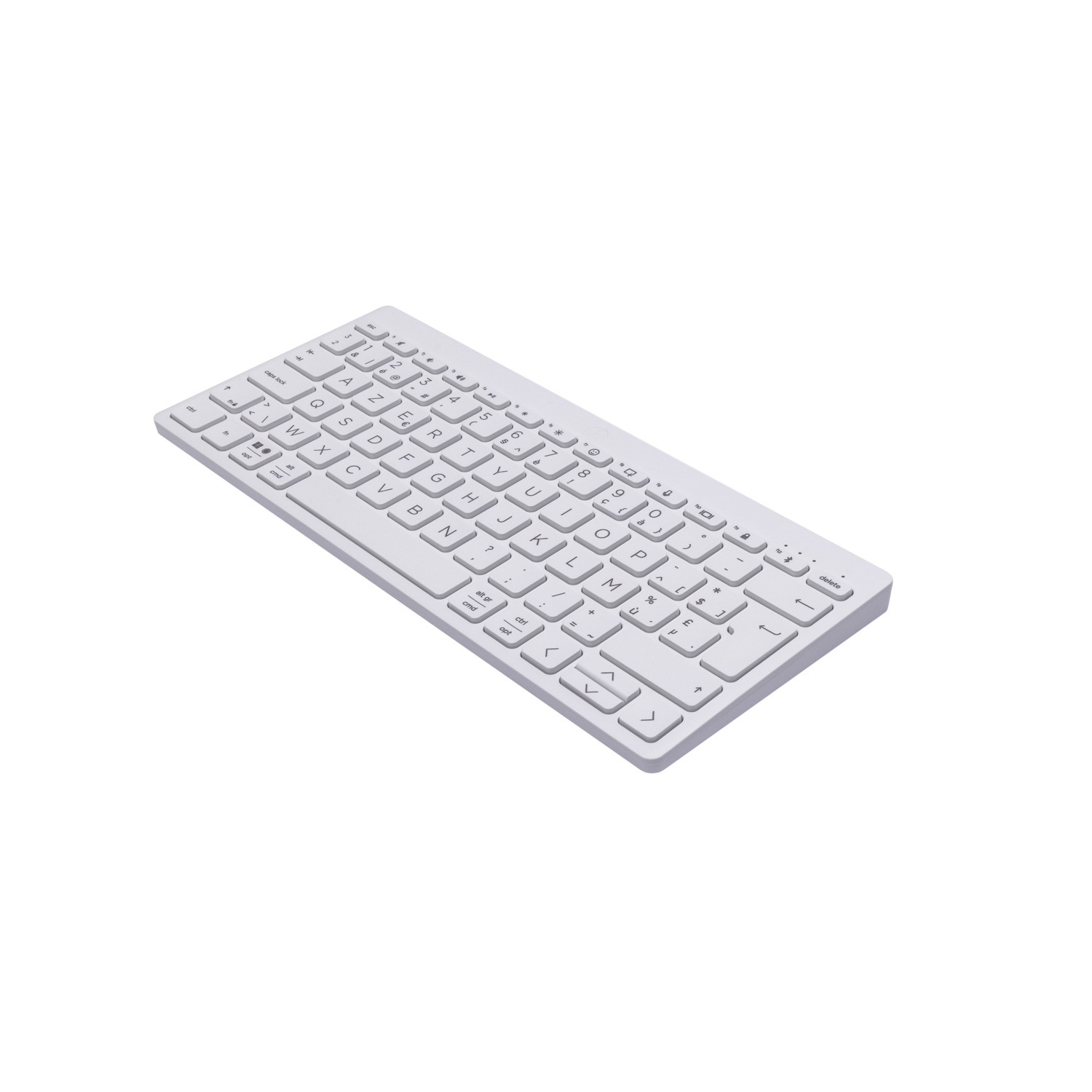 White wireless keyboard on a white surface, angled slightly towards the viewer.