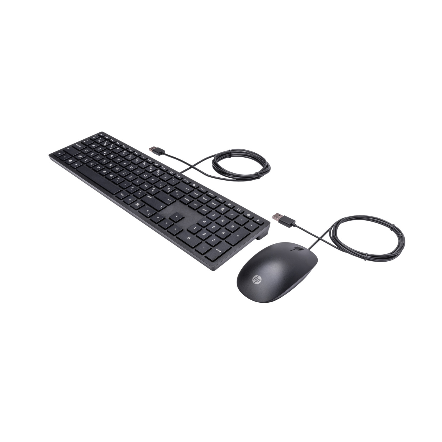 A black keyboard and mouse set connected by wires.