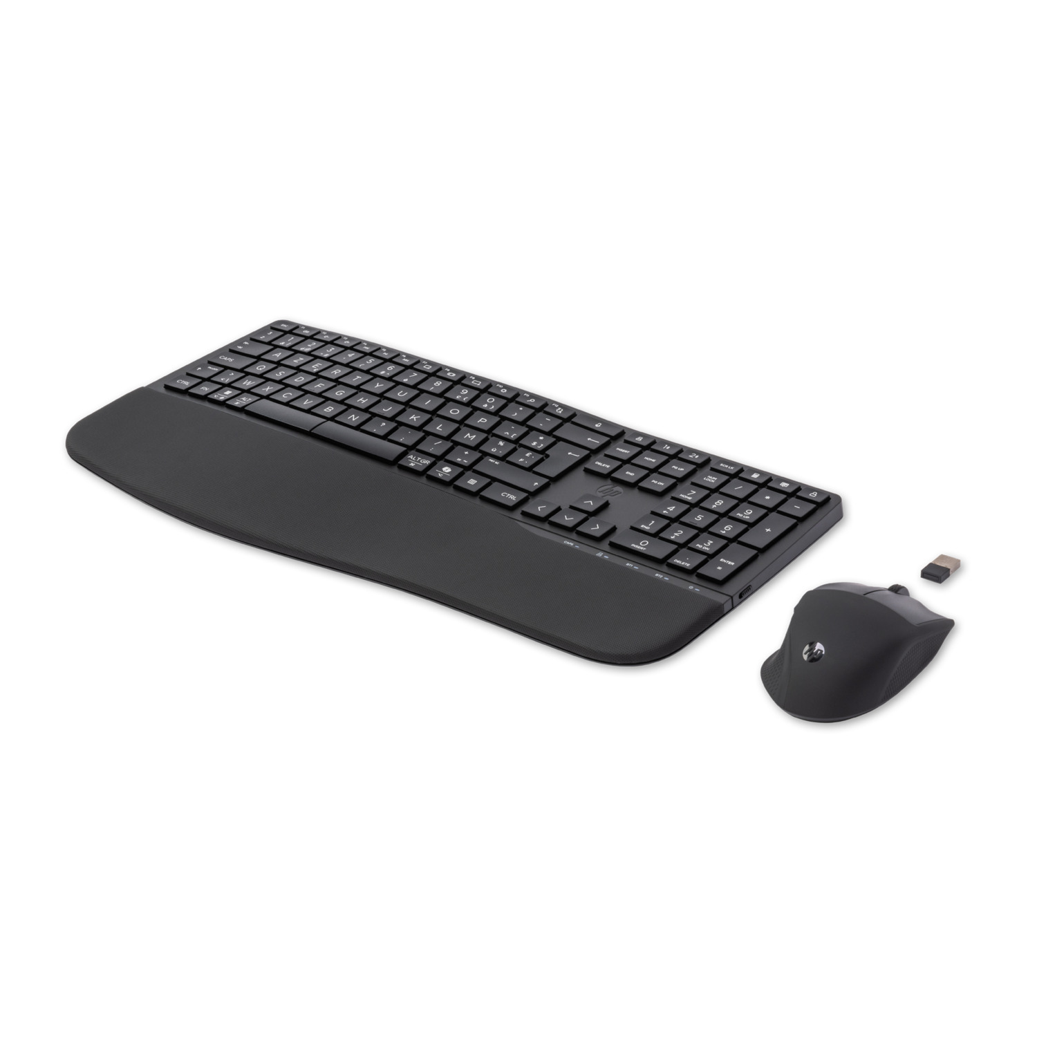 A black keyboard with a wrist rest and a mouse.