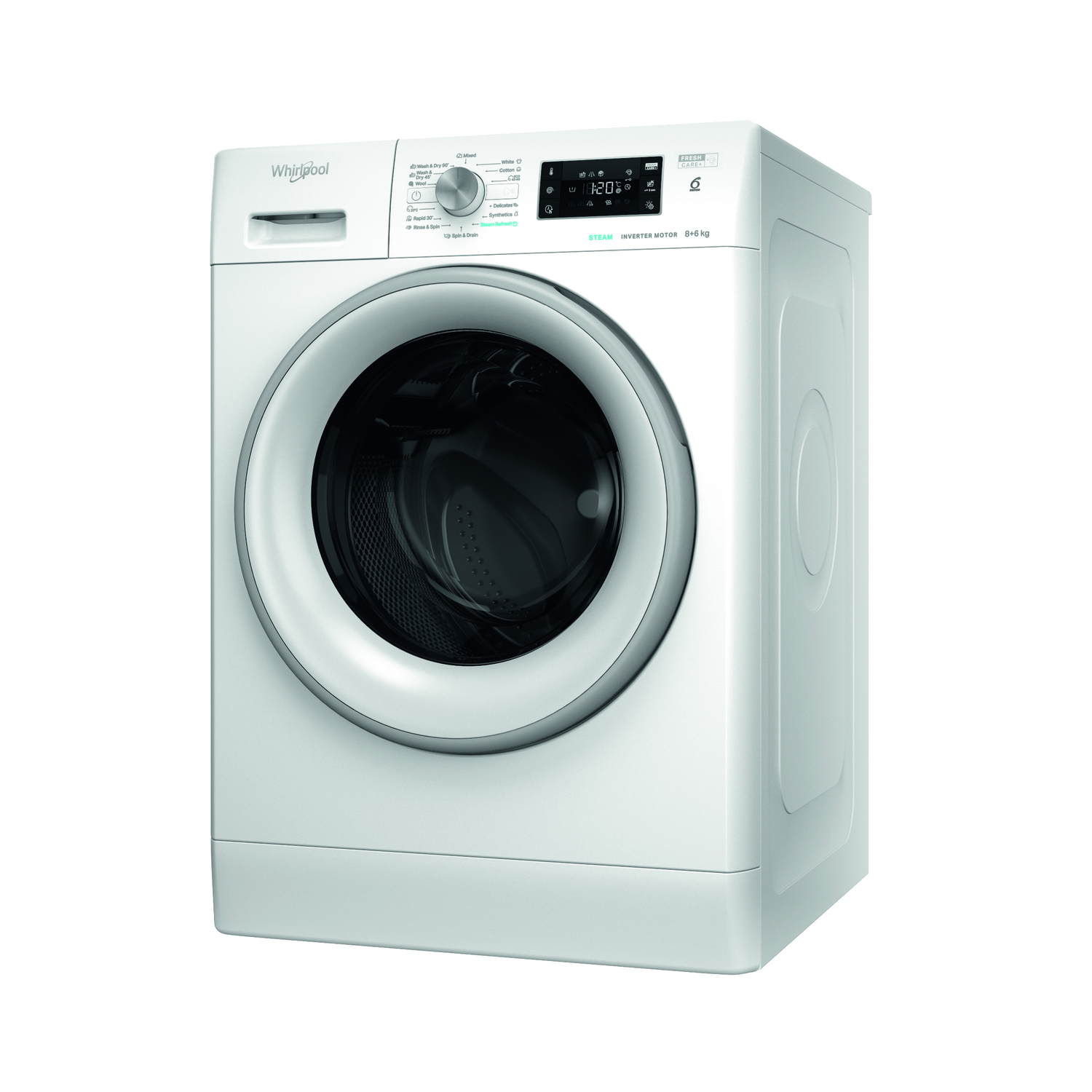 White Whirlpool washing machine. It is a front-loading model with a circular door.