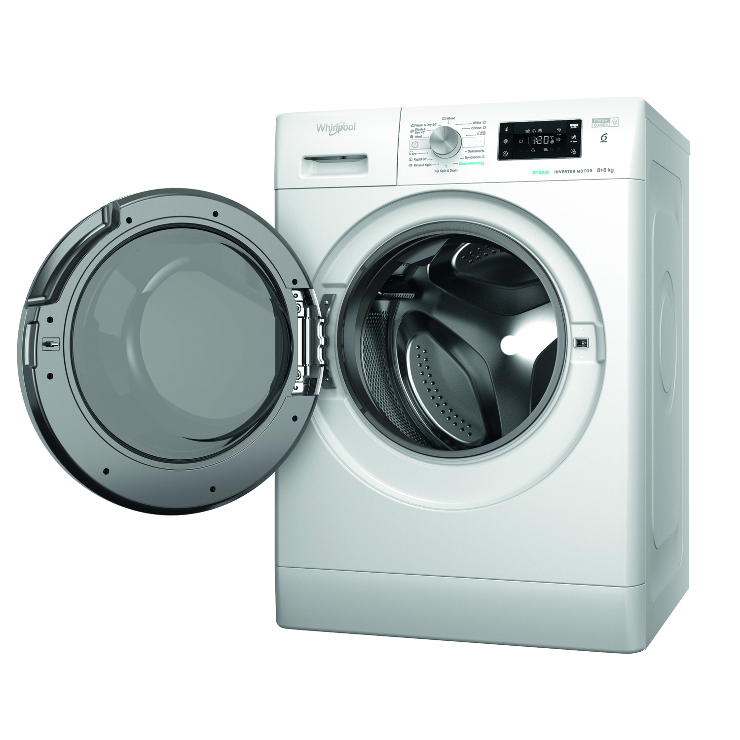 White washing machine with the door open.