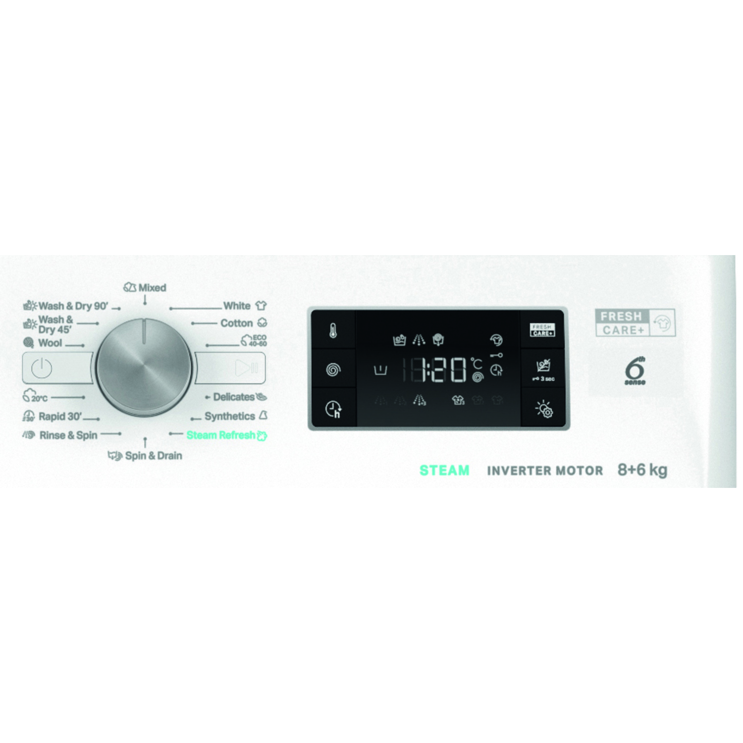 Close-up of a washing machine control panel showing settings and a display.