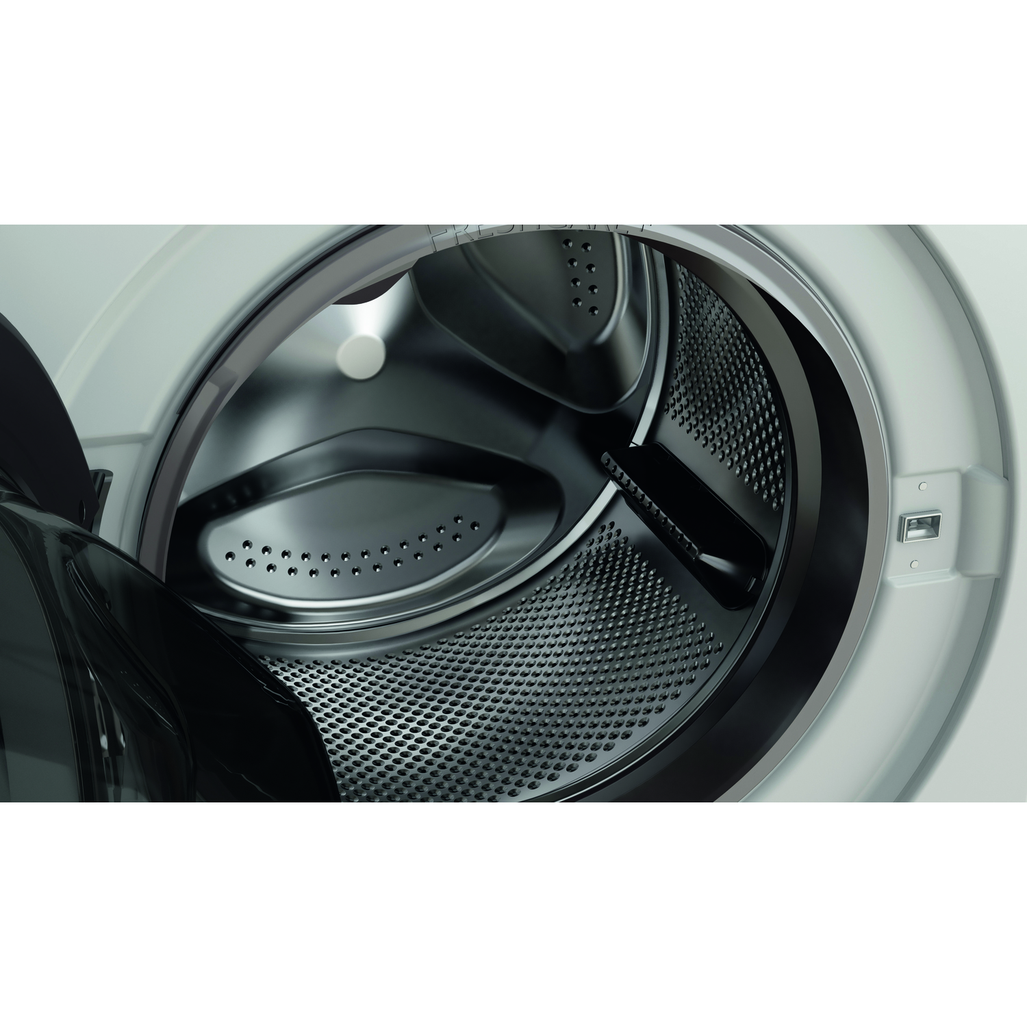 Close-up of a washing machine drum, showing the inside and door.