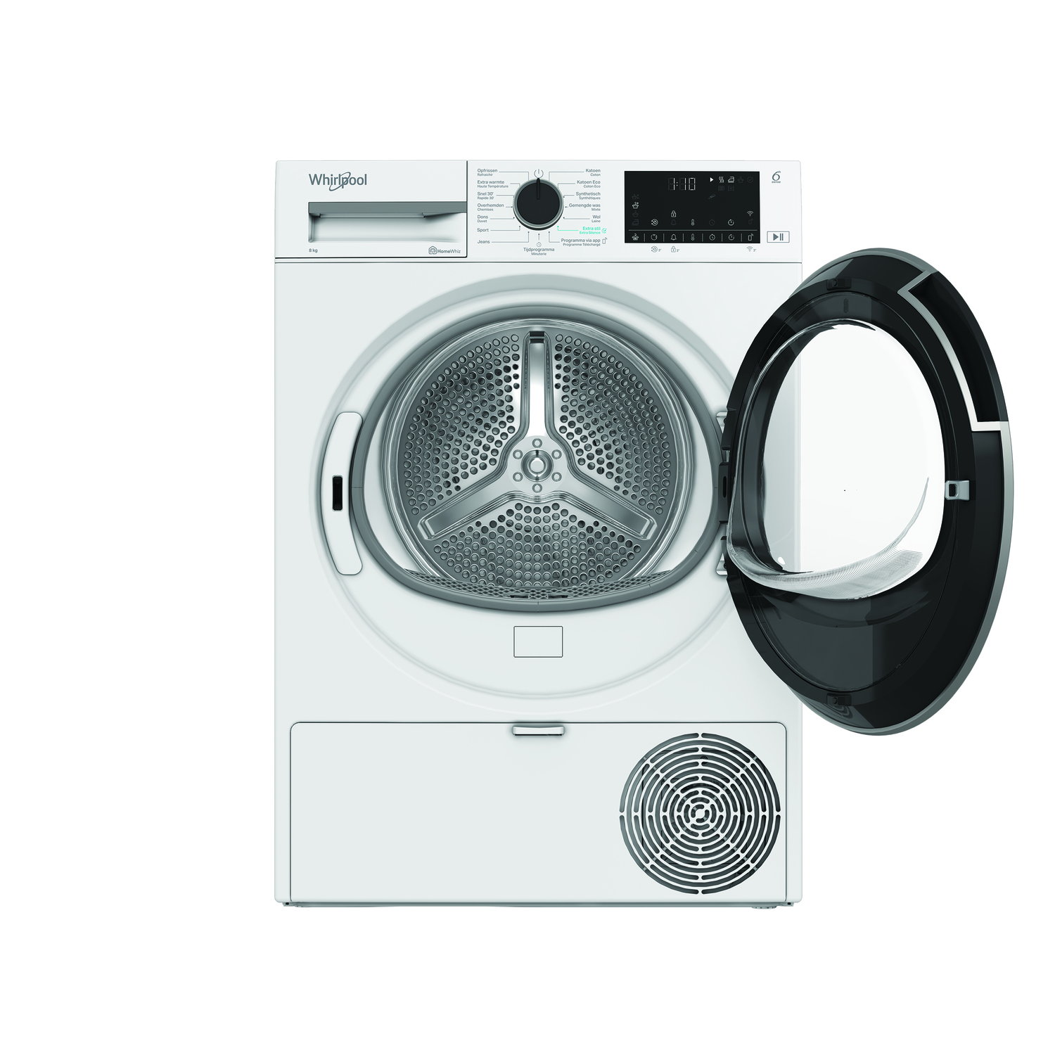 Witte Whirlpool droger, deur open. Bedieningselementen en een ventilator zijn binnenin zichtbaar.