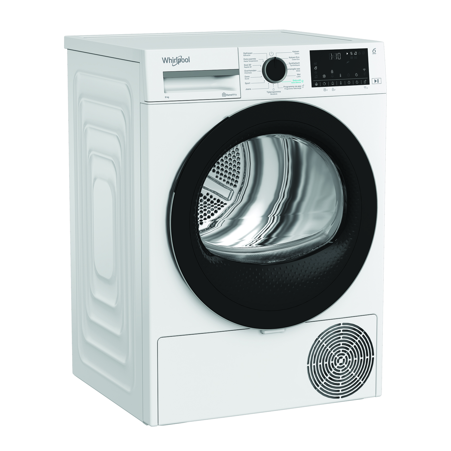 Witte Whirlpool-droger, vooraanzicht, met zwarte deur en bedieningselementen.