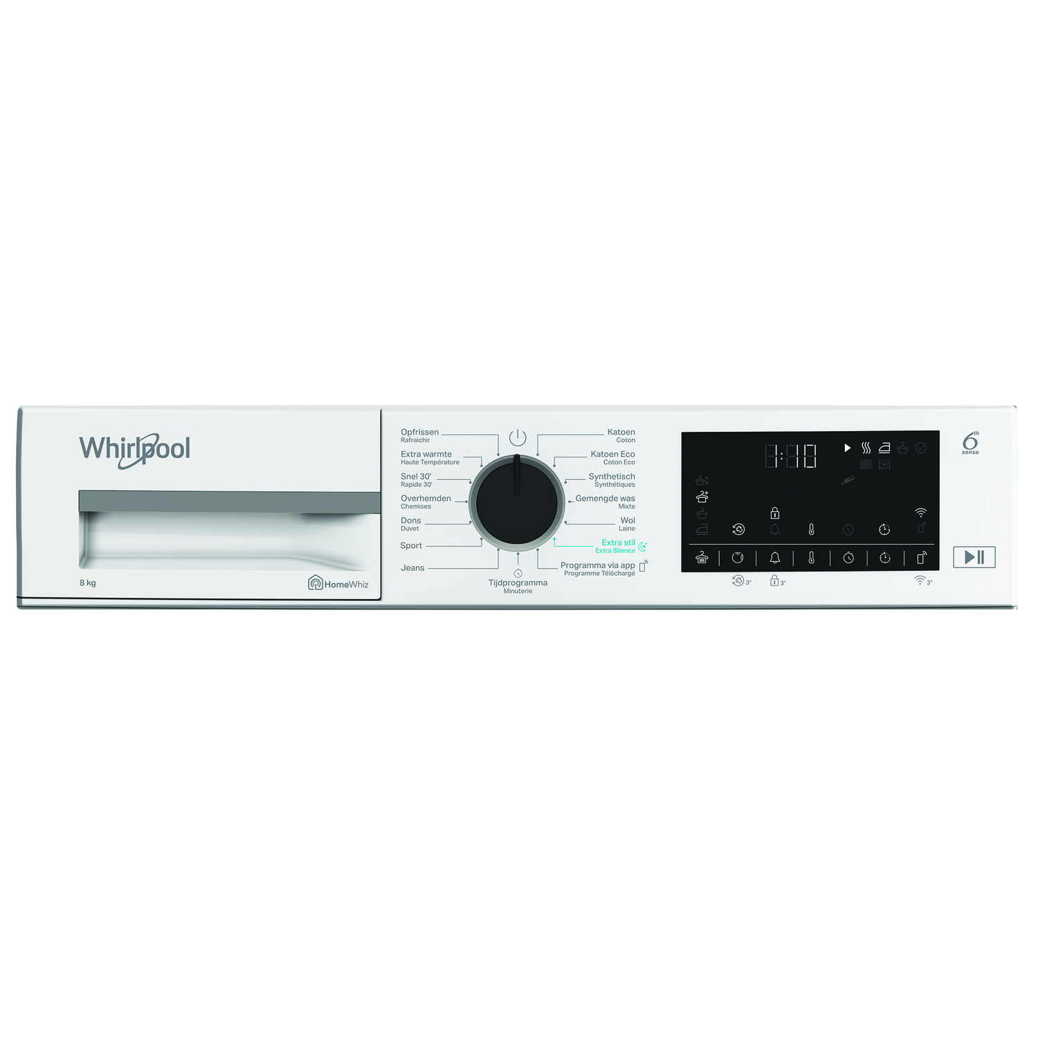 Voorpaneel van een witte wasmachine met een draaiknop, display en knoppen.