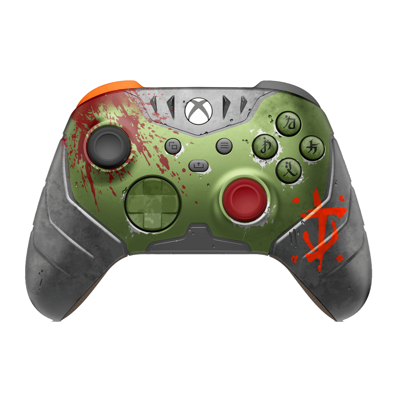 Een aangepaste Xbox-controller met een groene basis, bloedspetters en het Doom-logo.