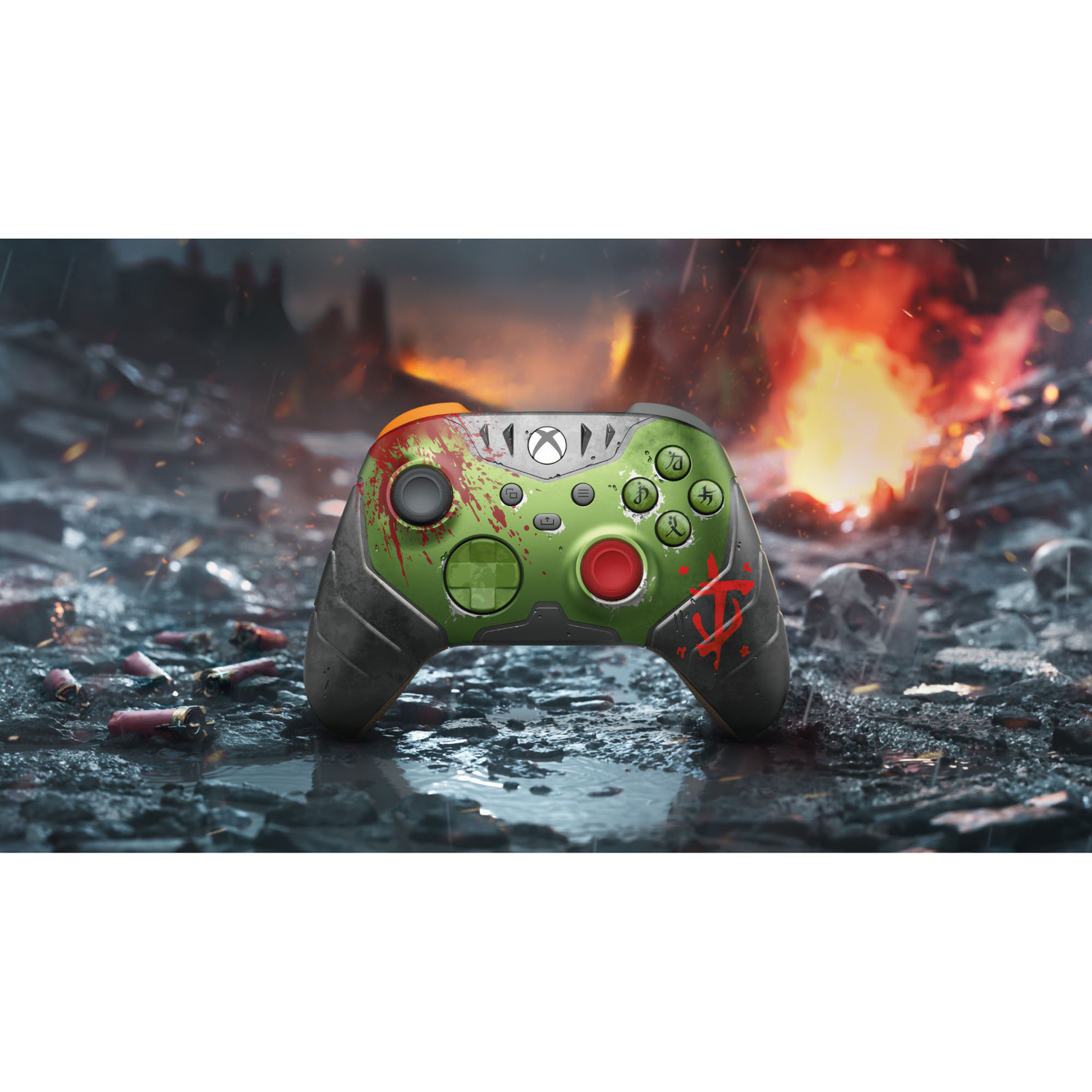 Een groene en grijze Xbox-controller met rode accenten en een gevechtsscène.