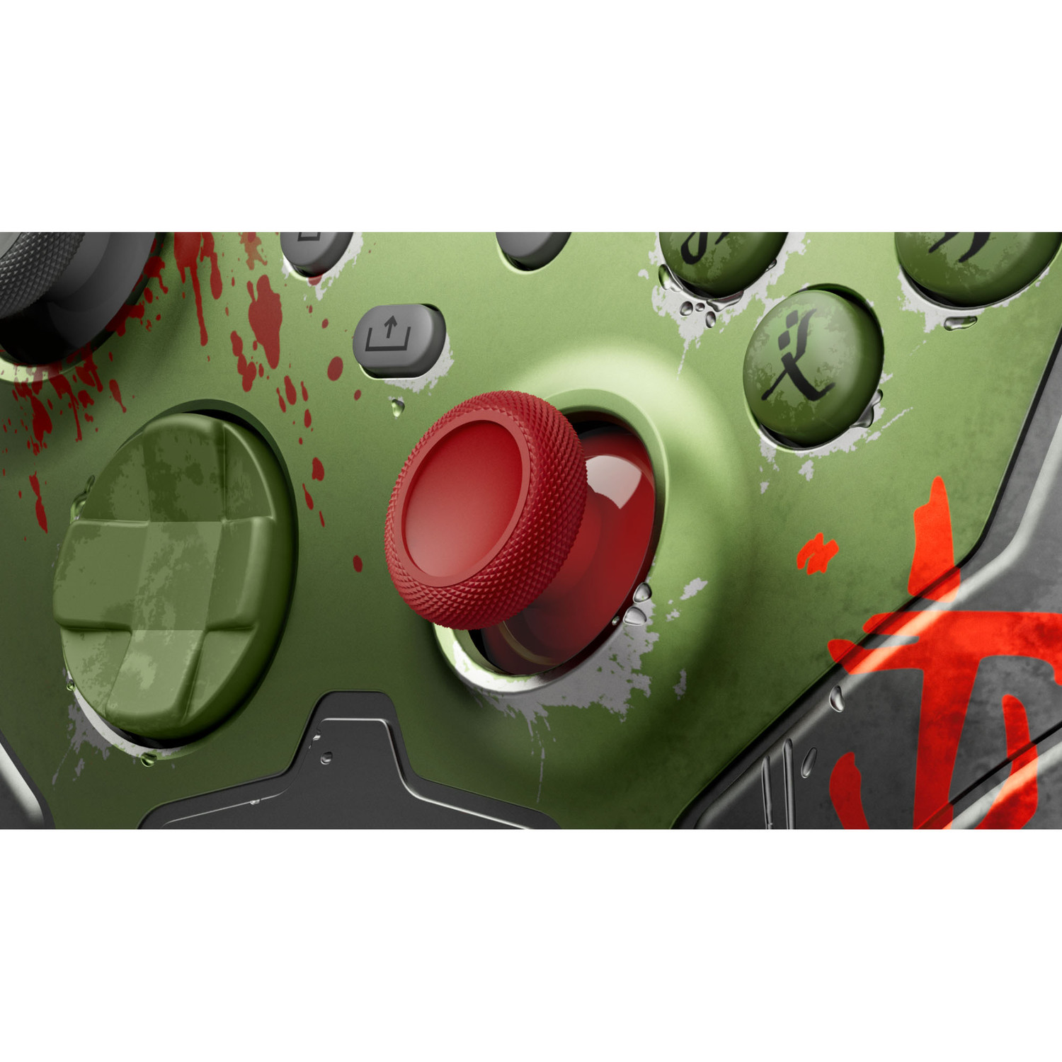 Close-up van een groene en rode gamecontroller met een rode joystick.