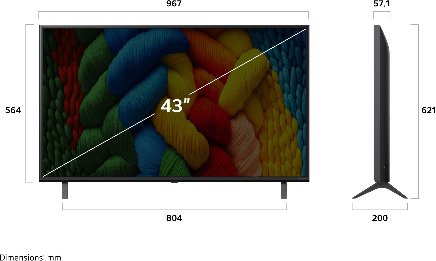 Egy 43 colos TV, amely a méreteket mutatja: 967x564x57,1x621 mm. Fekete, színes képpel.
