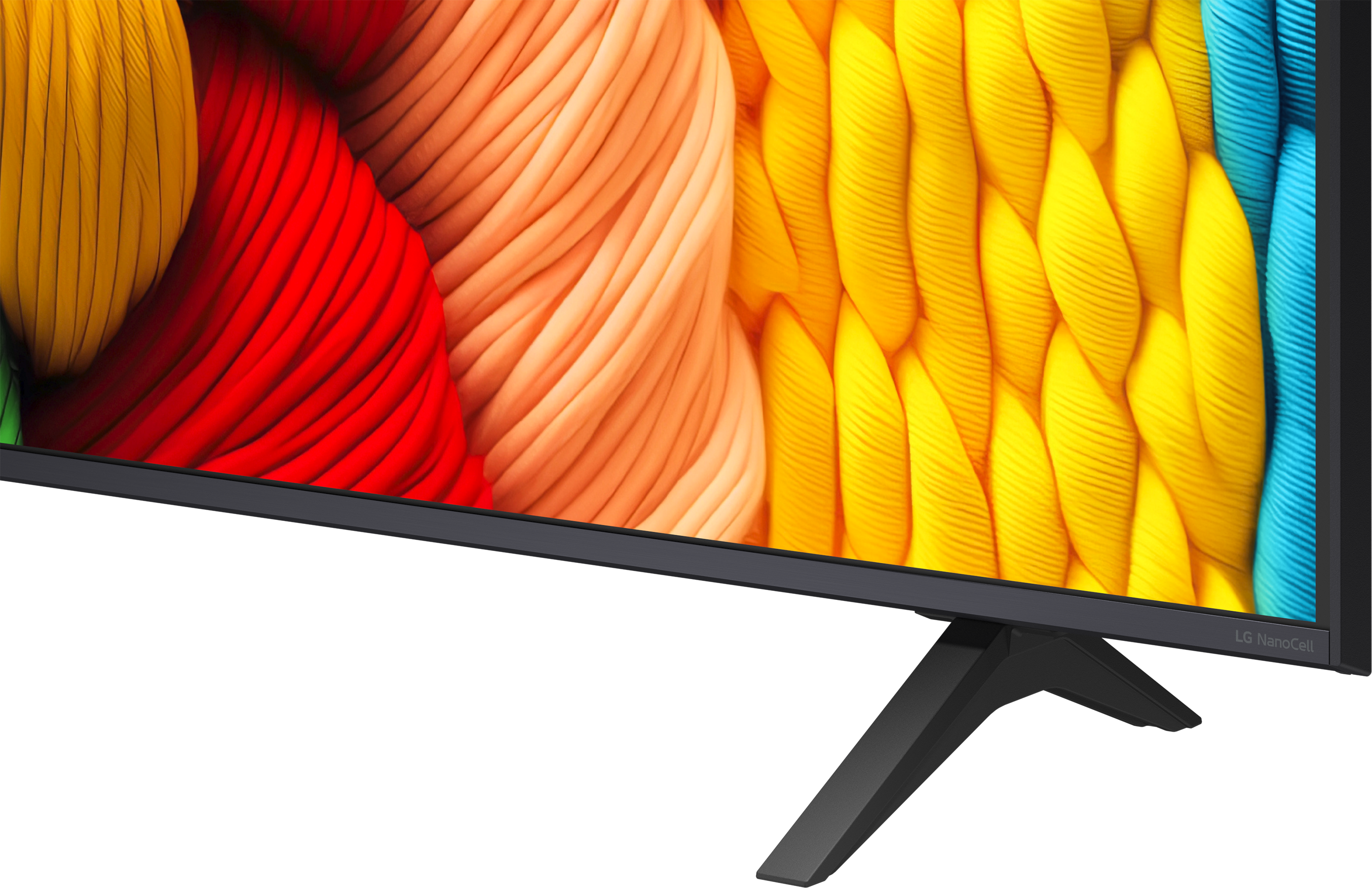 Egy TV fekete kerettel és lábakkal. Egy színes kijelzőt mutat.
