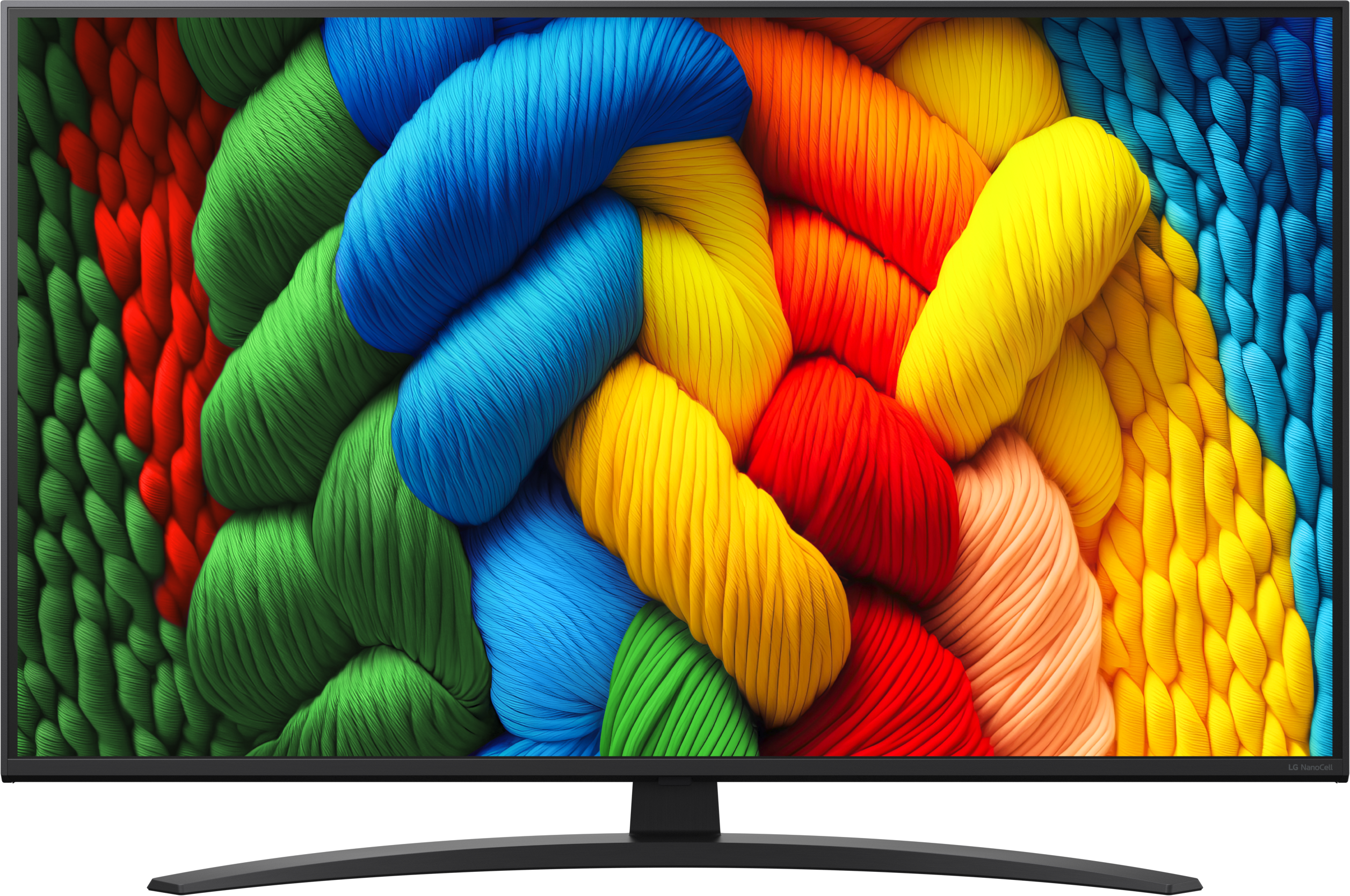 Egy TV képernyő, amely egy színes képet mutat egymásba fonódó kötelekről, különböző élénk színekben.