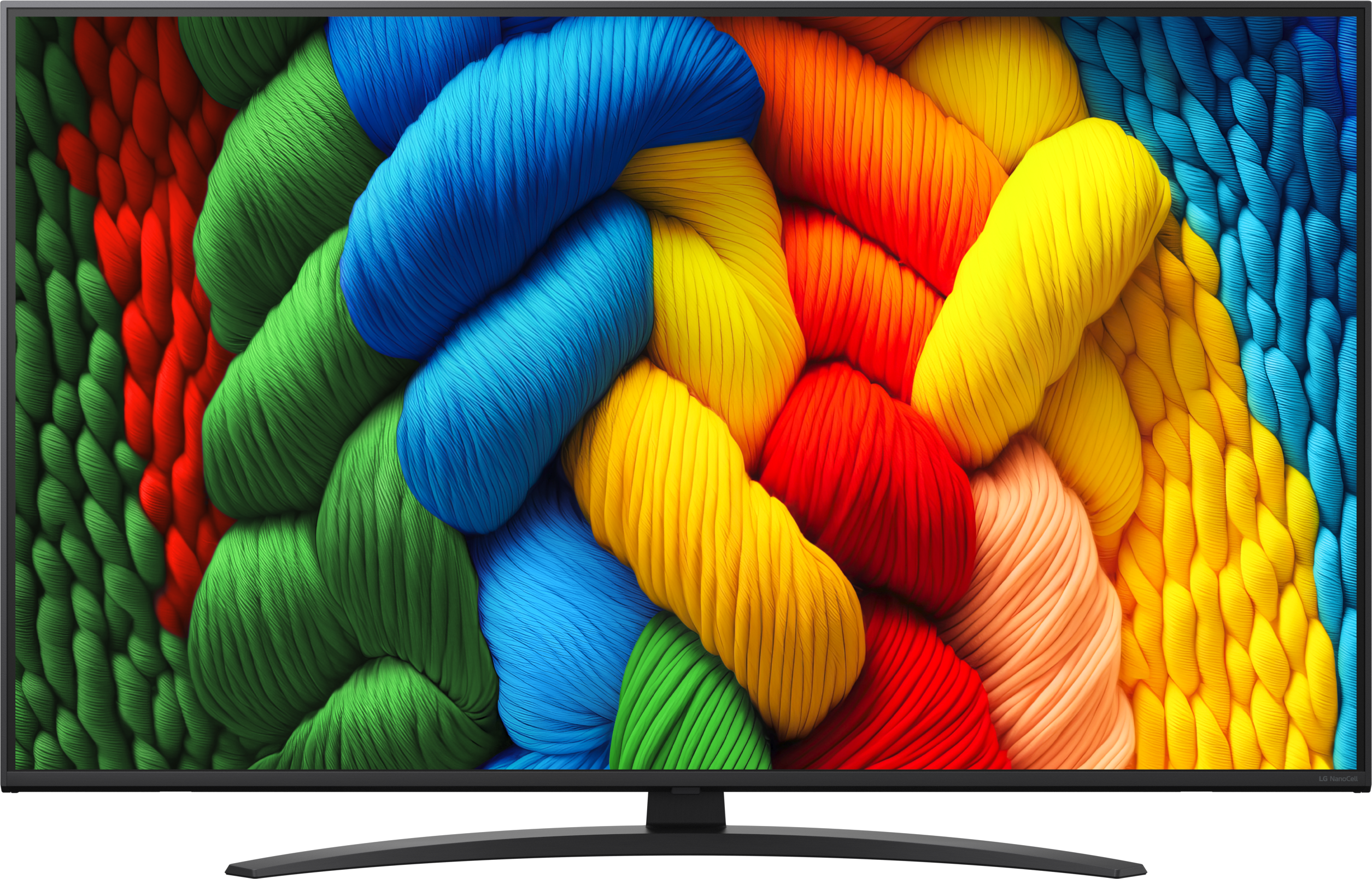 TV képernyő színes fonallal, ívelt keret és állvány.