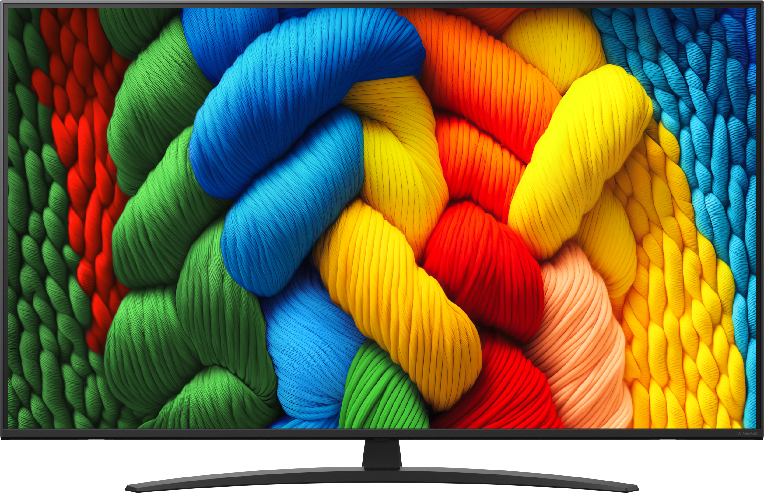 Egy TV képernyő színes szőtt fonalakat jelenít meg. A TV fekete kerettel és alappal rendelkezik. A háttér fehér.