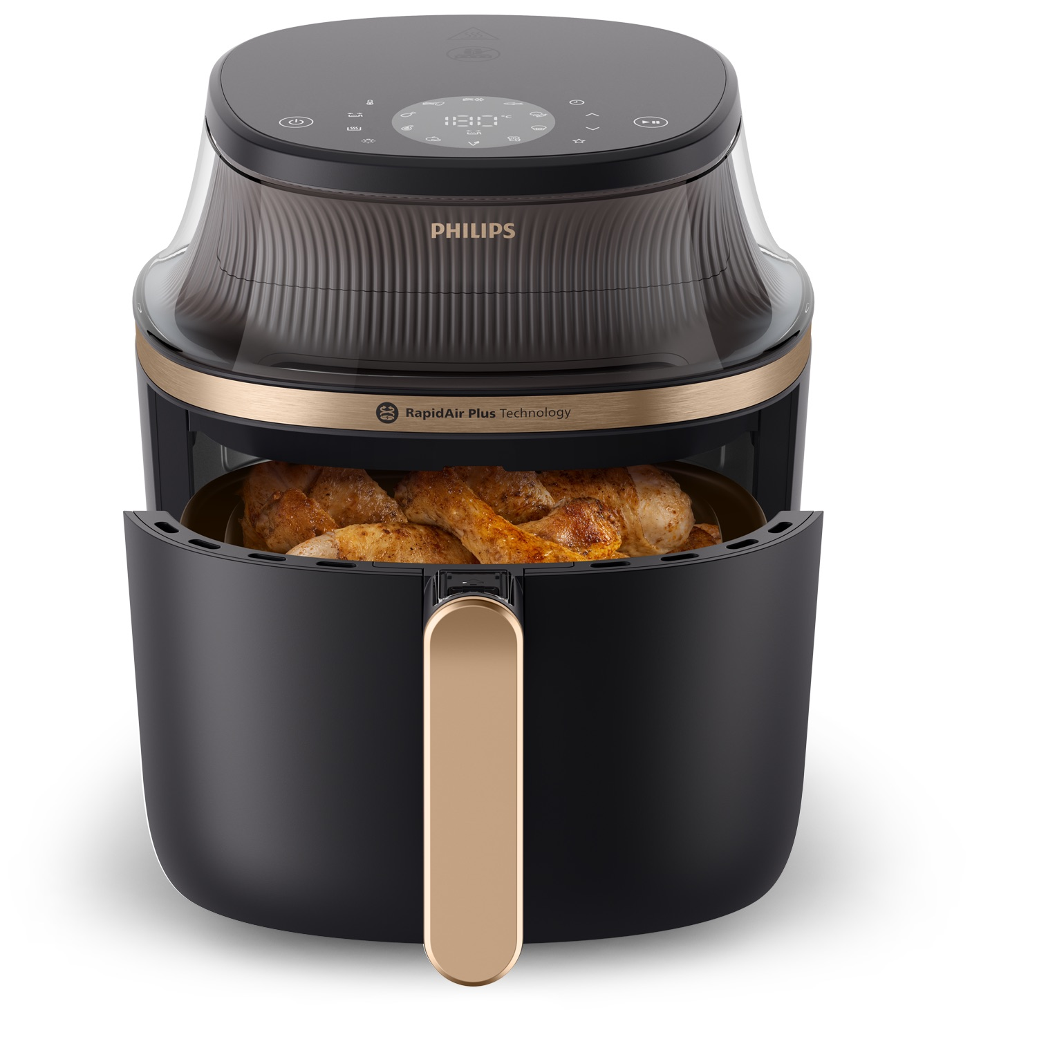 Friteuse à air noire avec porte ouverte, montrant du poulet cuit, sur une surface blanche.