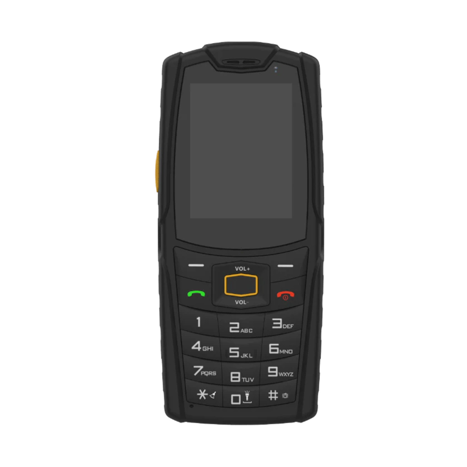 Un téléphone mobile noir robuste avec un écran et un clavier. Il a un bouton jaune sur le côté.