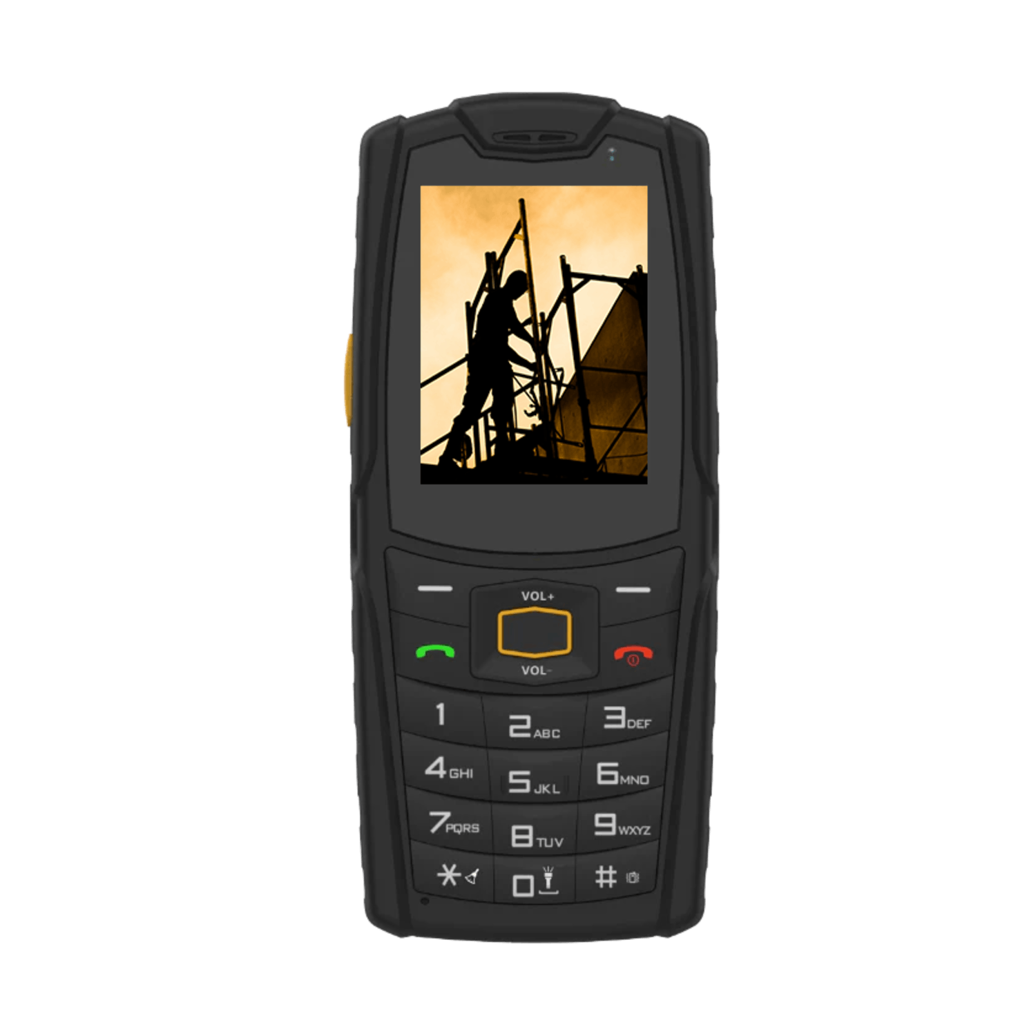 Téléphone portable noir avec un écran affichant la silhouette d'un ouvrier du bâtiment sur un échafaudage contre un ciel jaune.