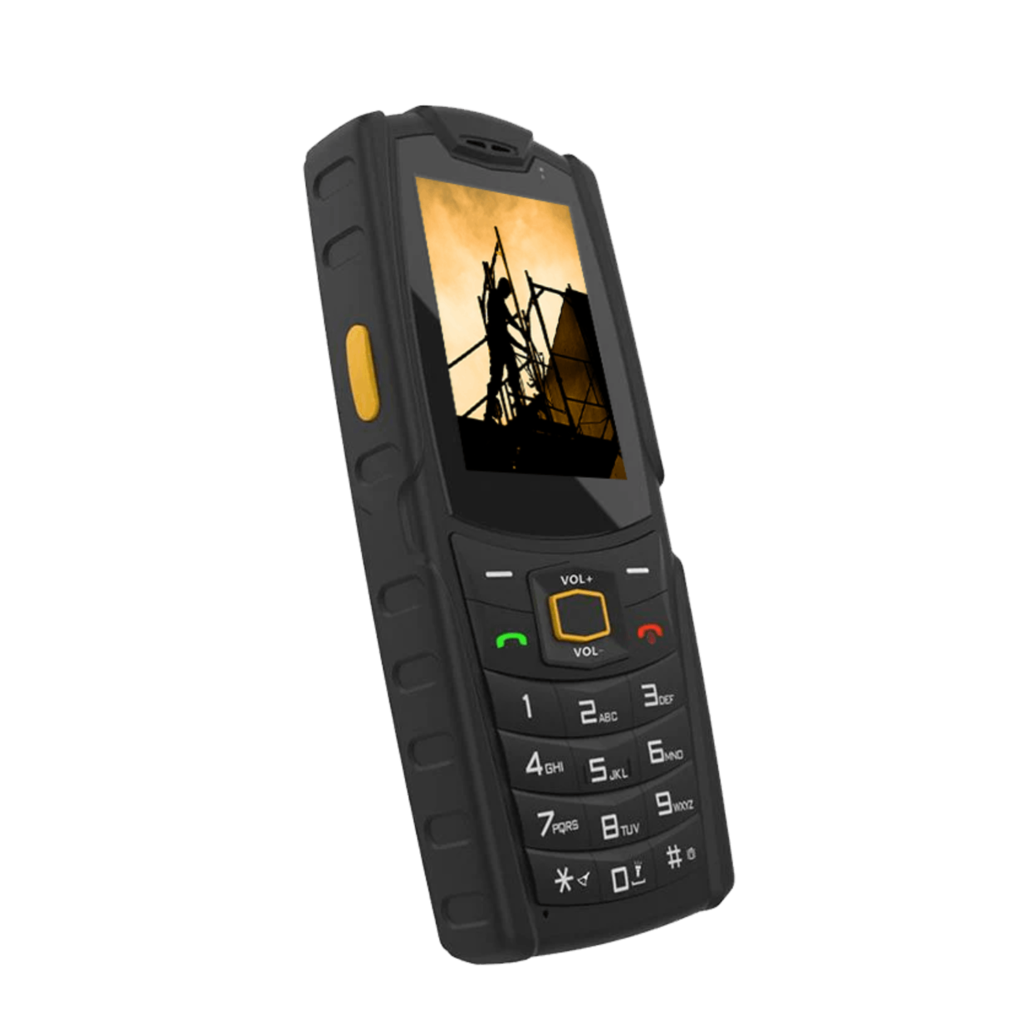 Téléphone noir robuste avec écran montrant la silhouette d'un ouvrier du bâtiment. Boutons jaunes et clavier numérique visibles.