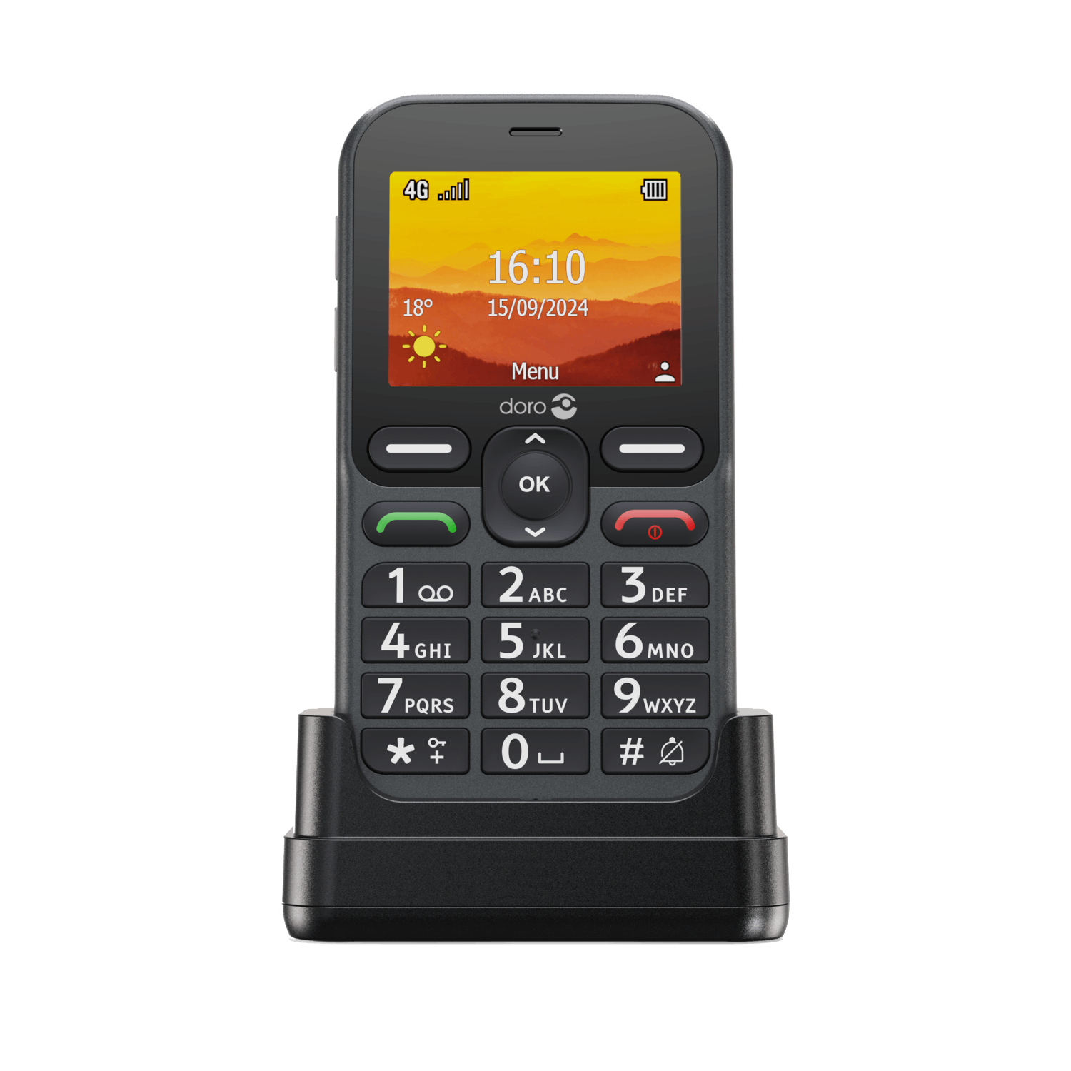 Een zwarte Doro mobiele telefoon in een oplaadstation. Het scherm toont de tijd, datum en een landschap. Het heeft grote knoppen.