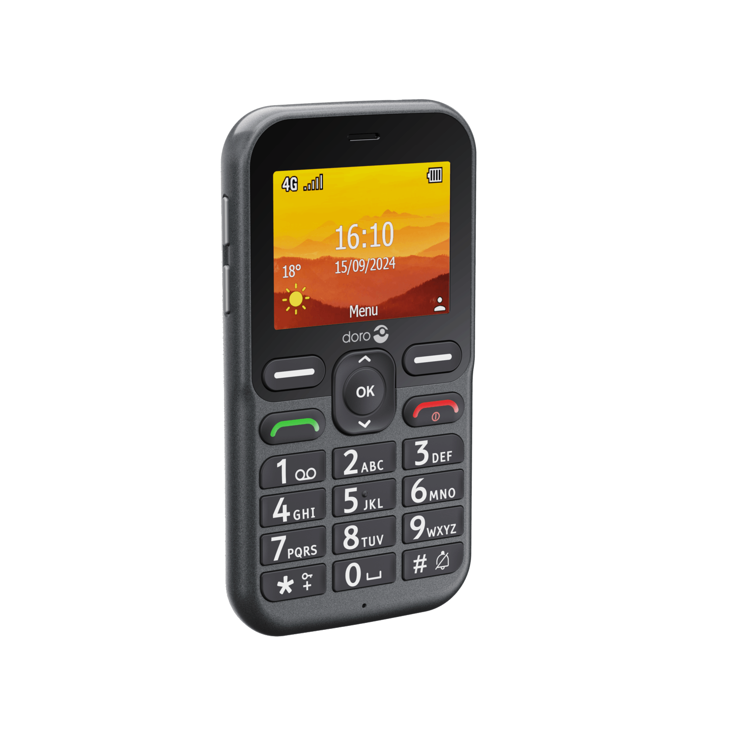 Een zwarte Doro mobiele telefoon geeft de tijd en datum weer. Het heeft grote knoppen en een eenvoudige interface, met een zonnig weerpictogram.