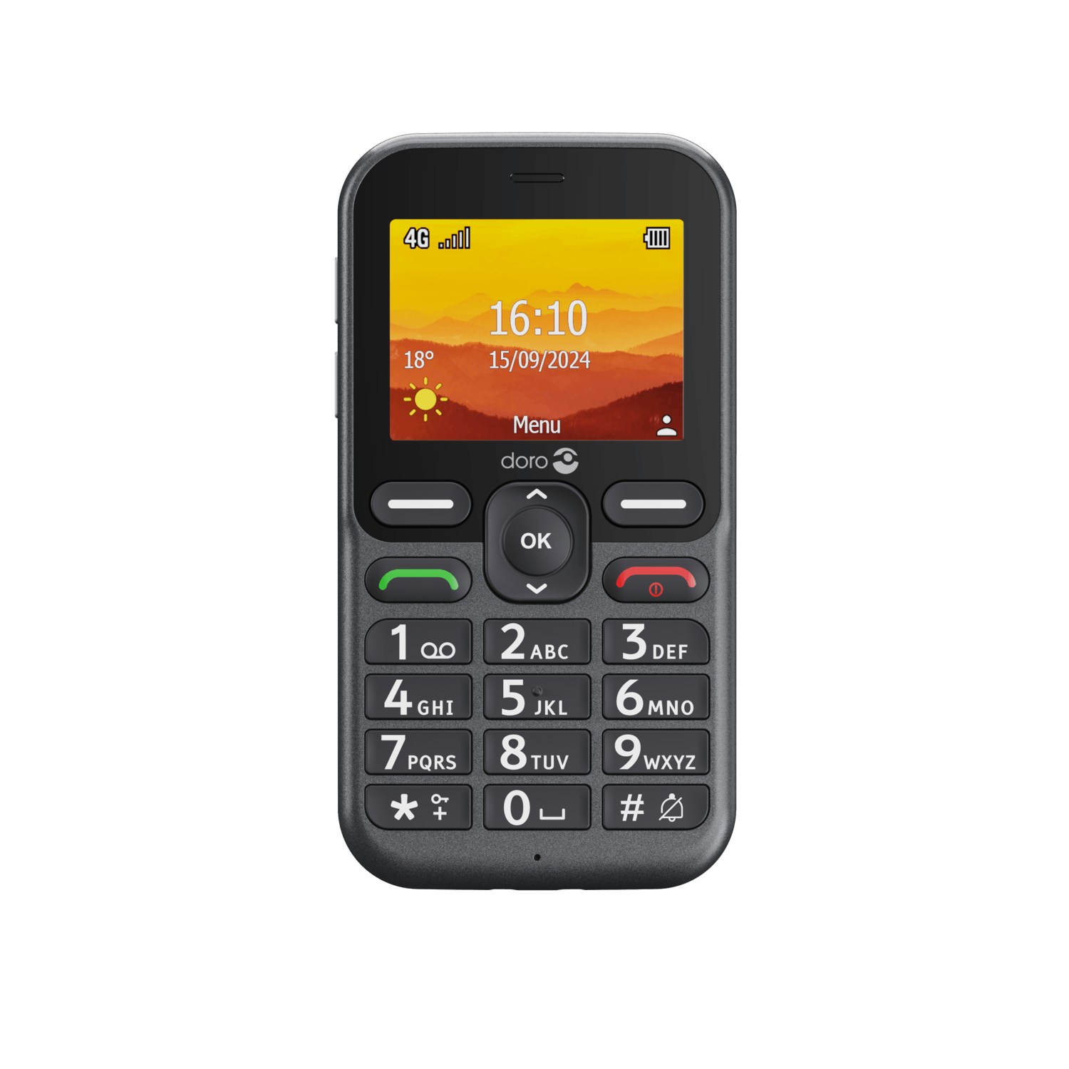Een zwarte Doro mobiele telefoon. Het scherm toont tijd, datum en signaal. Het heeft een toetsenbord met grote knoppen en het woord 'doro' is zichtbaar.