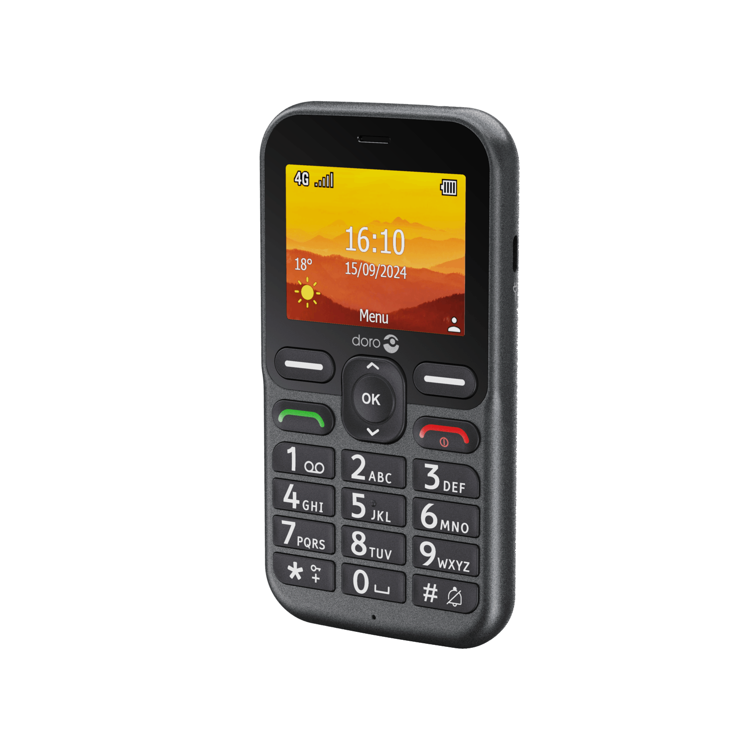 Een zwarte Doro-telefoon geeft tijd, datum en signaalsterkte weer. Het heeft een toetsenbord met grote knoppen.