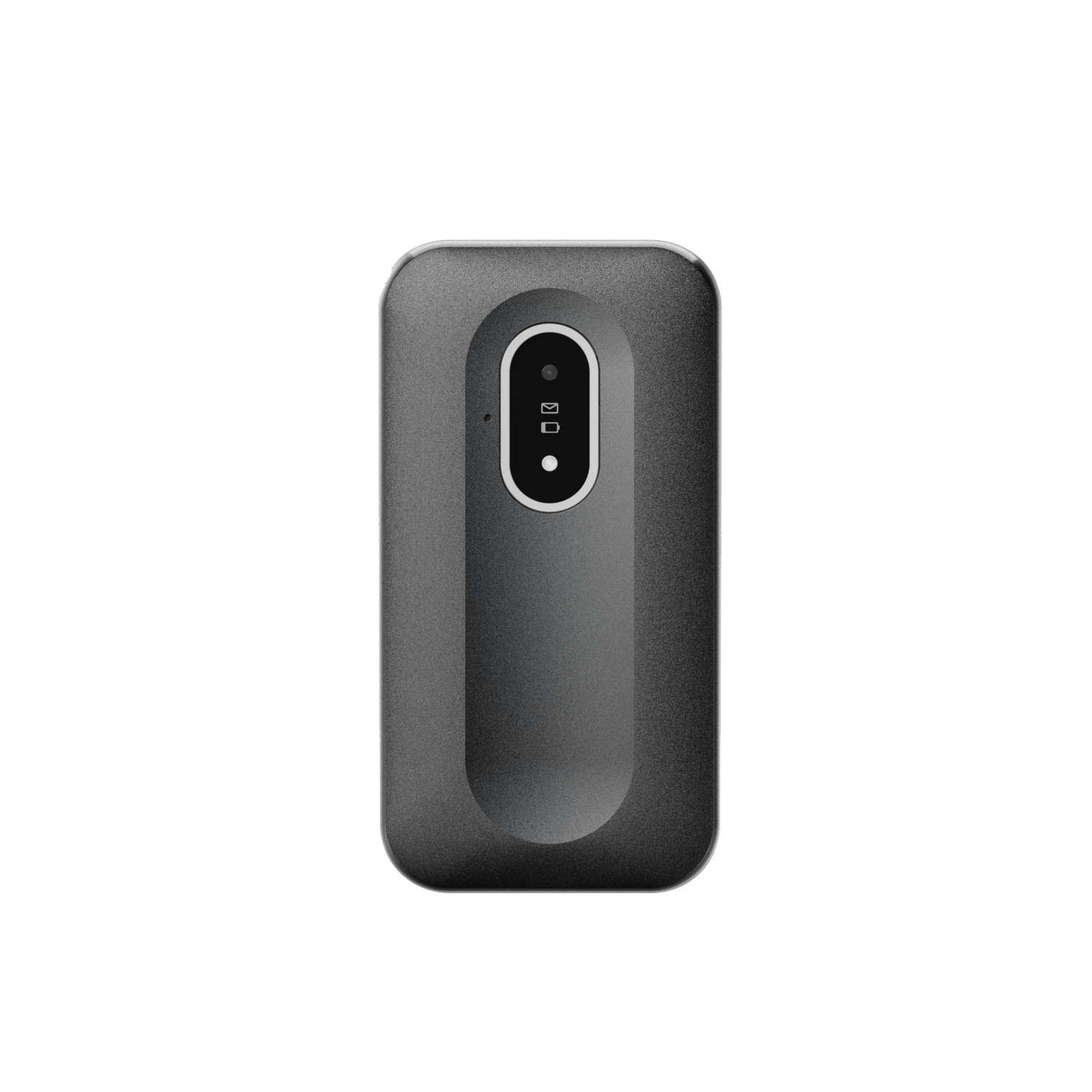 A gray rectangular device with rounded corners, a central oval section, and a white background.