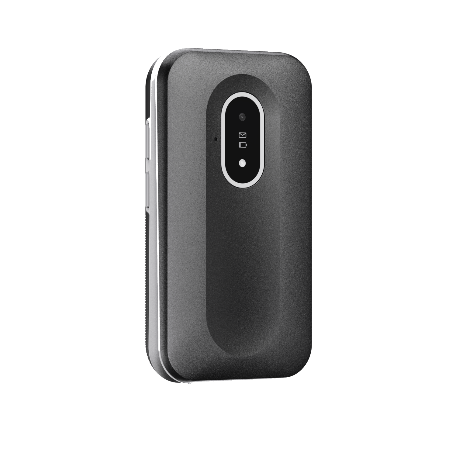 A dark gray rectangular device with rounded corners, a vertical oval display, and small icons on a white background.