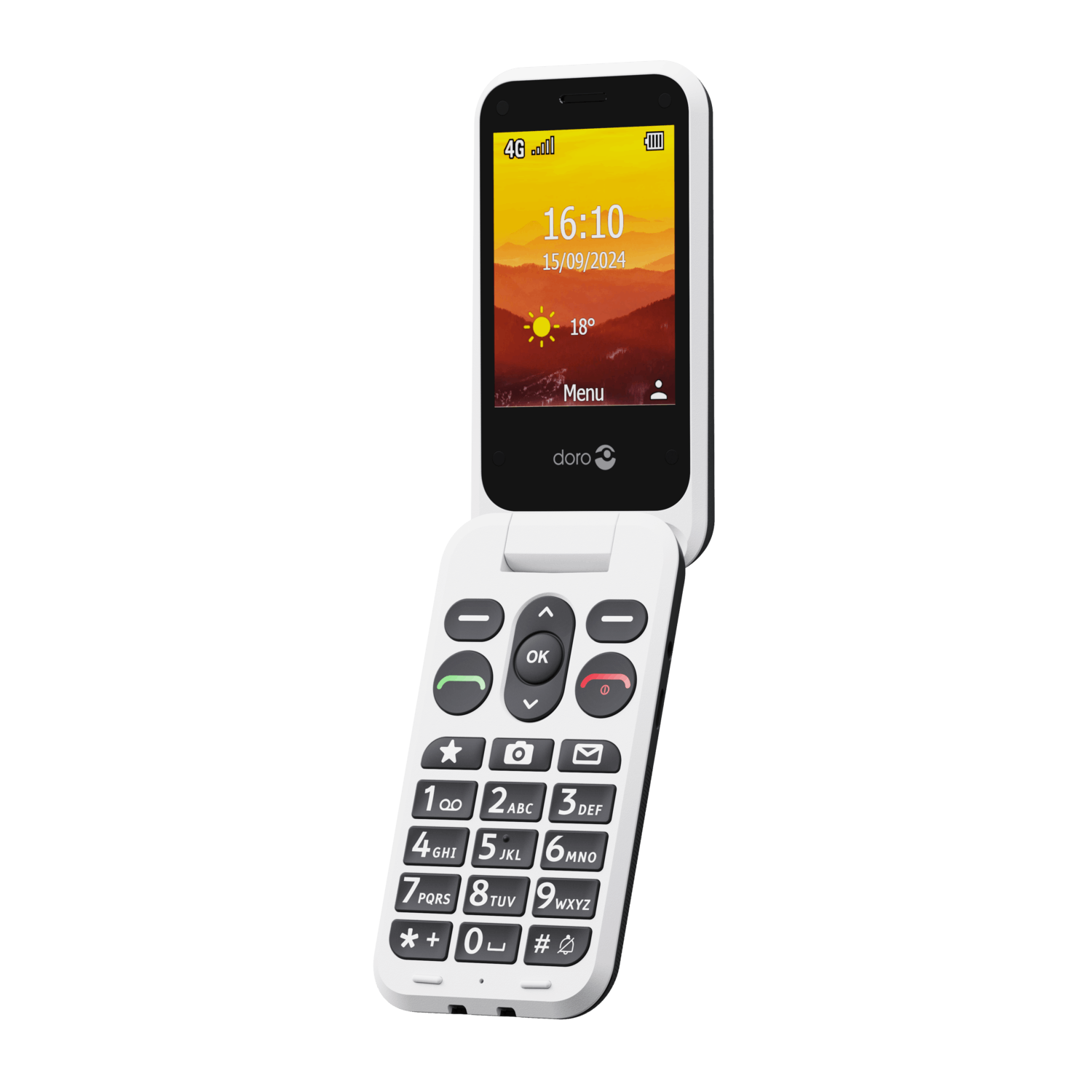 A white flip phone with a screen displaying time and date. It has a keypad with large buttons and a doro logo. Phone is open.