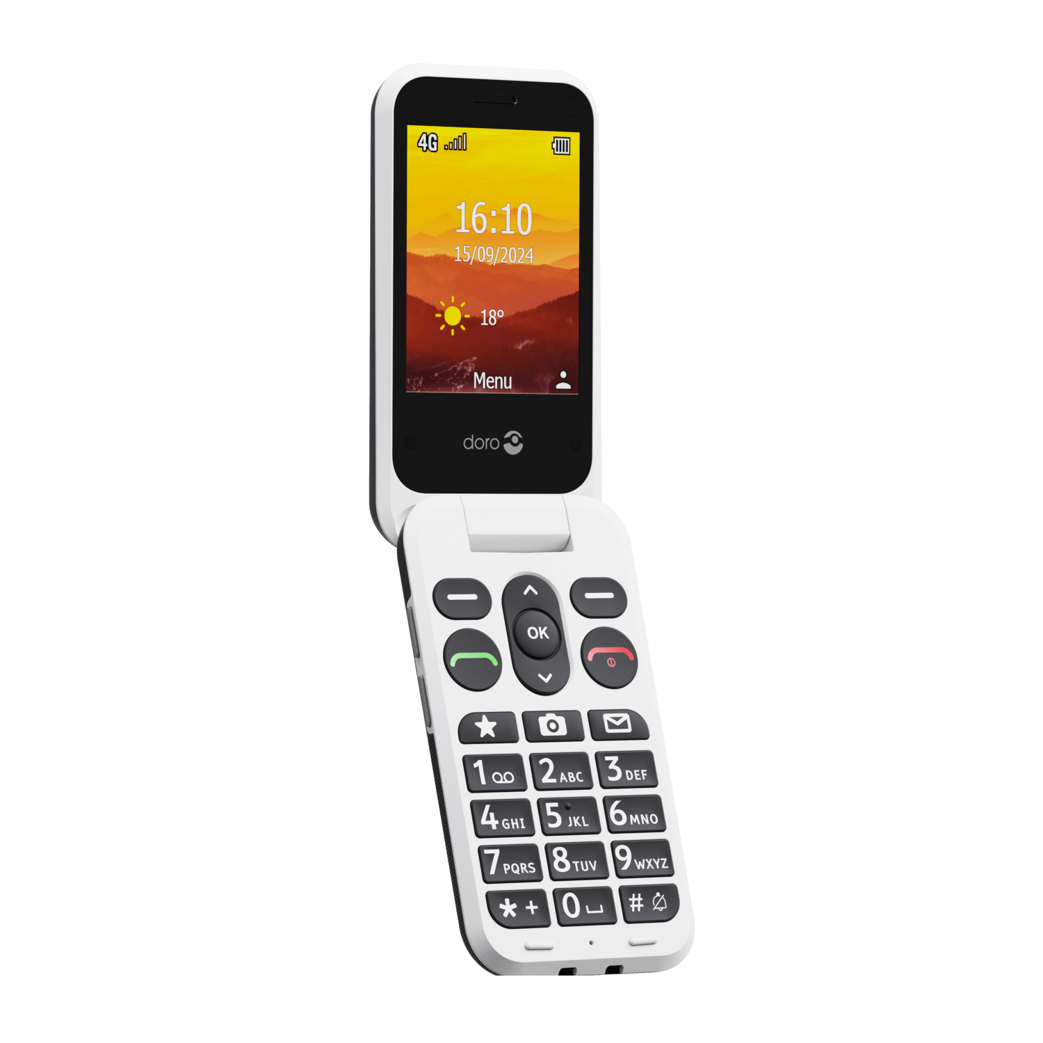 A white flip phone with a screen displaying time and date. The keypad has large buttons. It is open and angled upward.